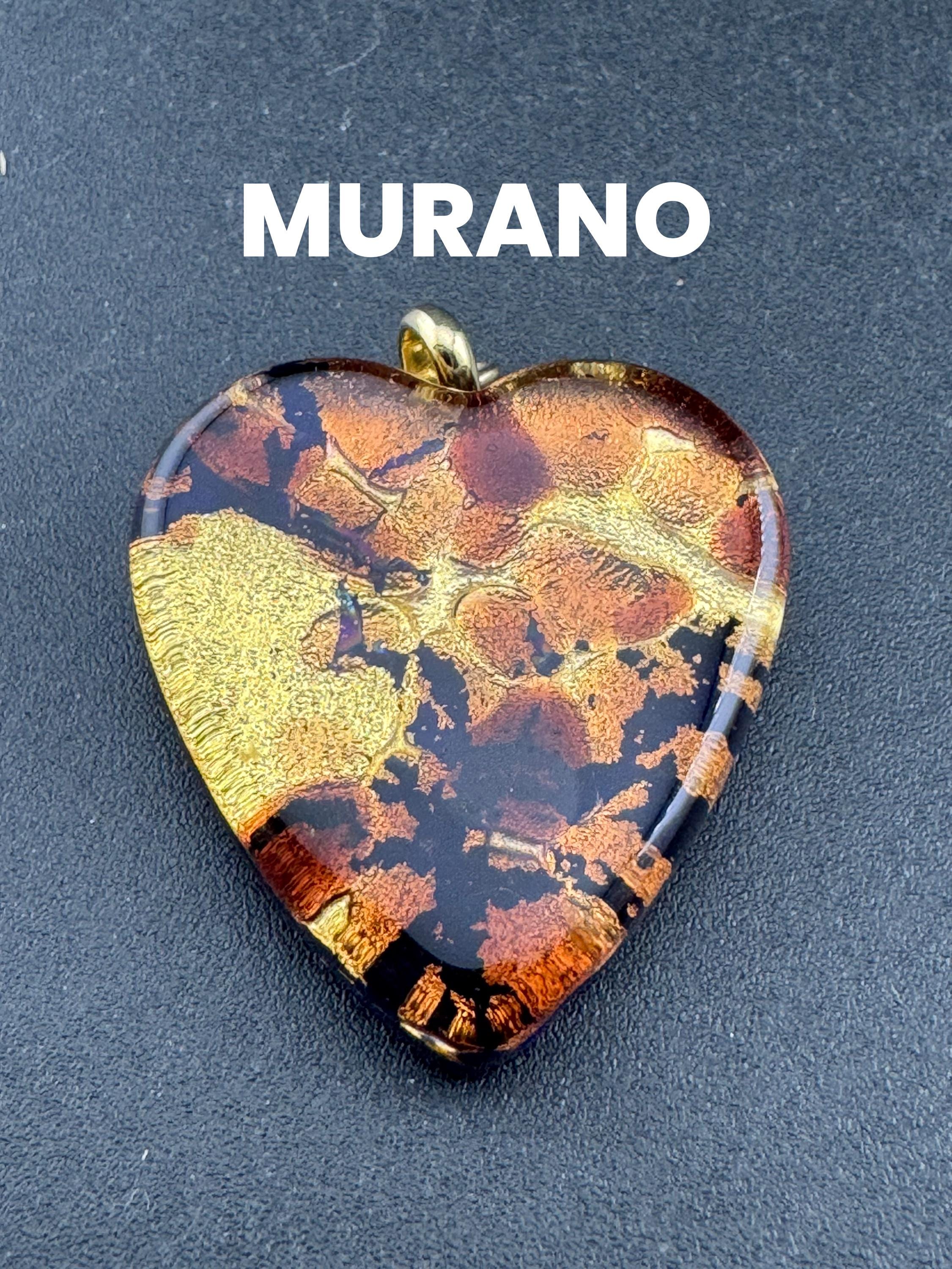 Vintage signed Murano glass brown gold and purple love heart glass pendant