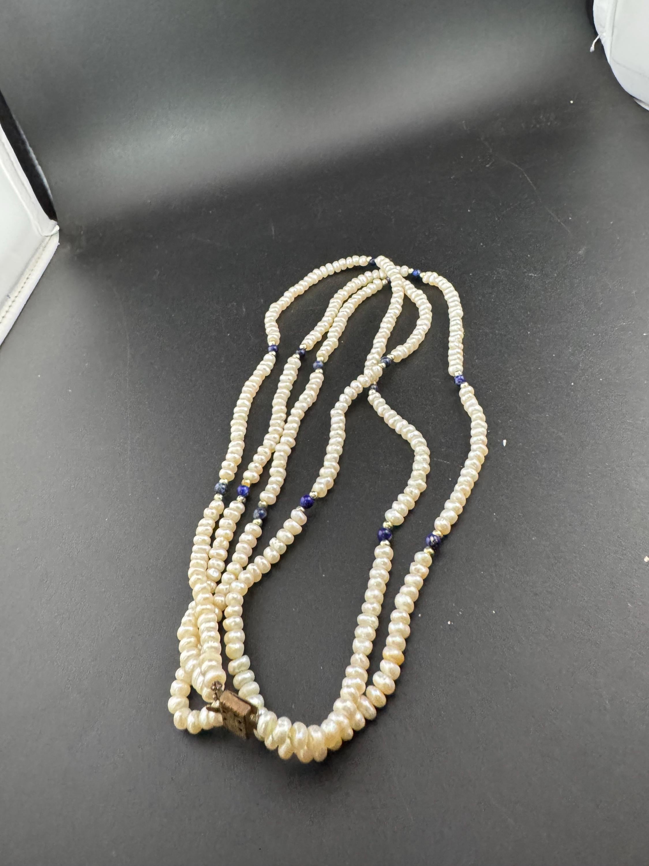 Vintage 3 row natural real freshwater Pearl blue gemstone beaded Multistrand choker necklace 44cm