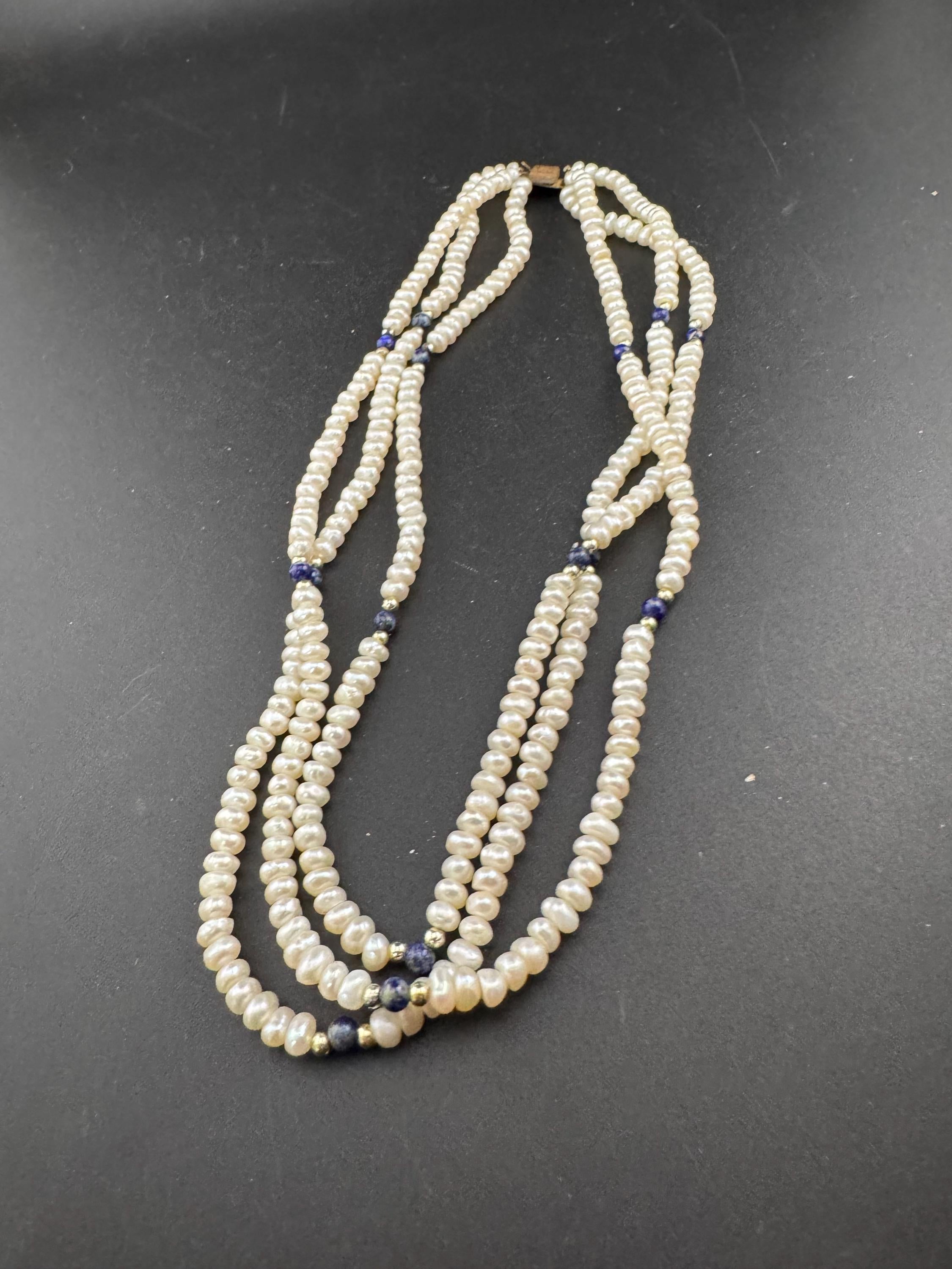 Vintage 3 row natural real freshwater Pearl blue gemstone beaded Multistrand choker necklace 44cm
