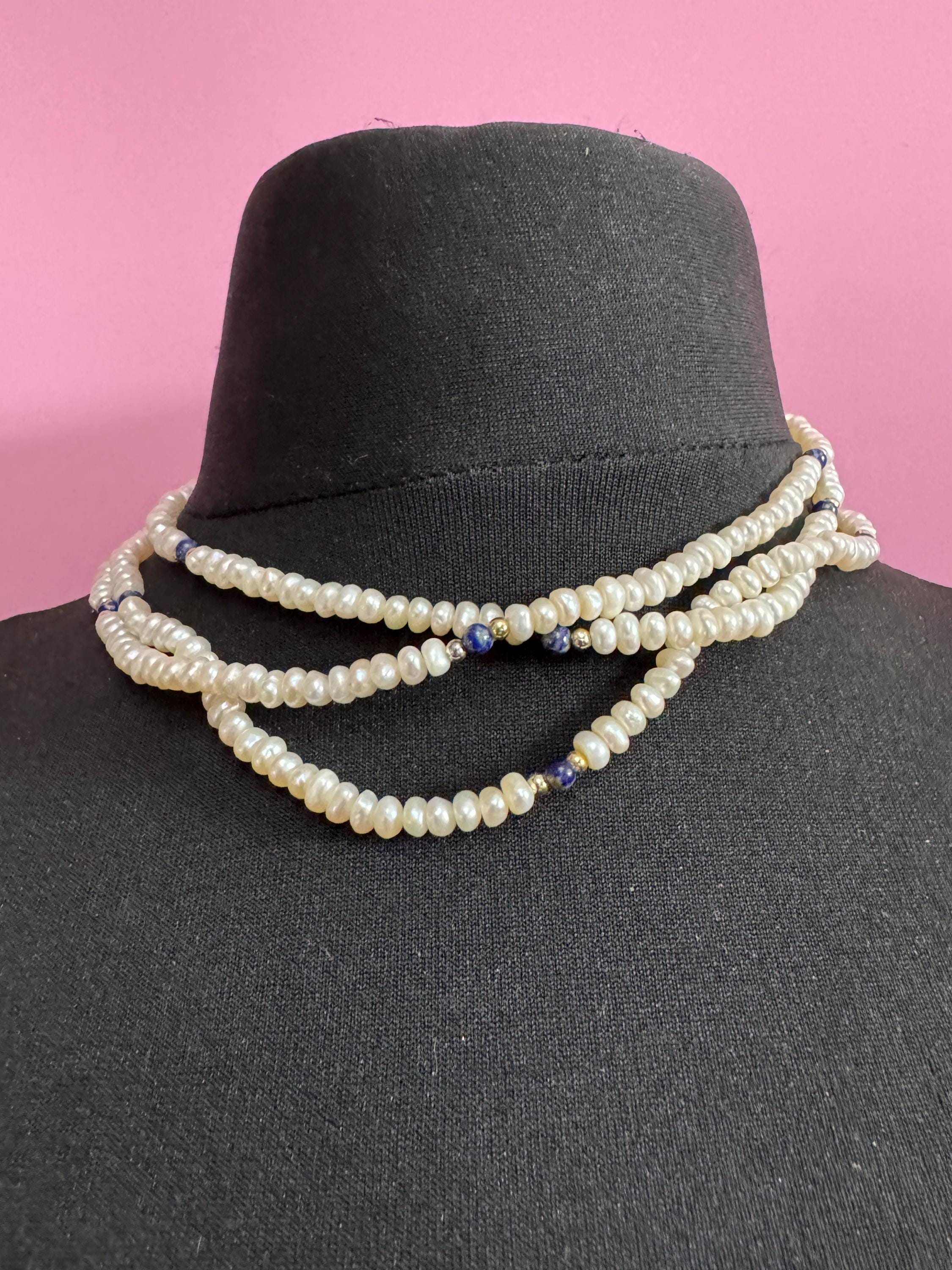 Vintage 3 row natural real freshwater Pearl blue gemstone beaded Multistrand choker necklace 44cm