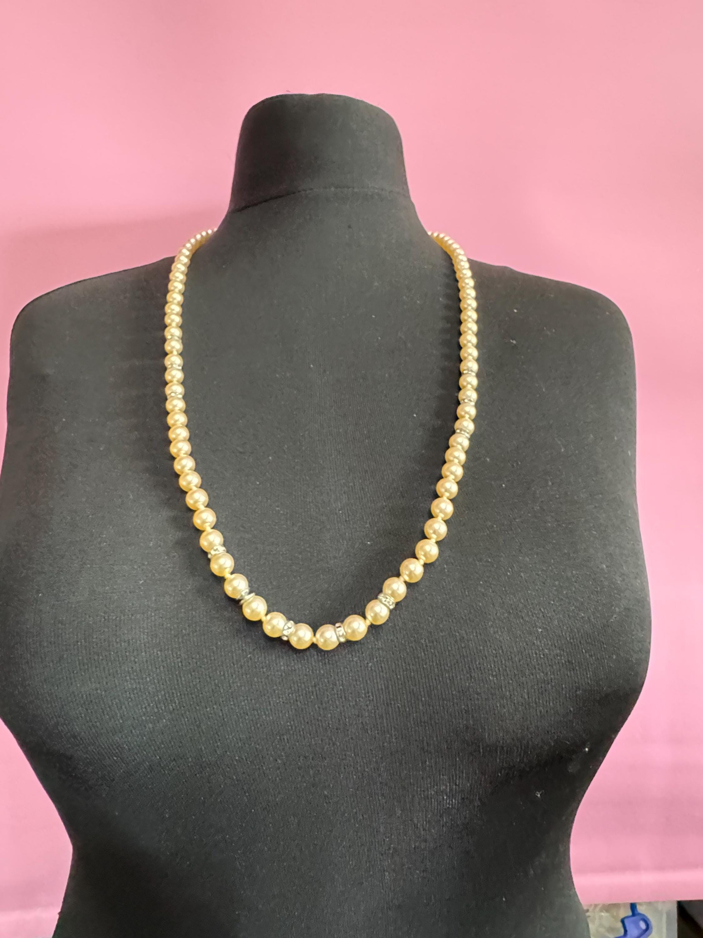 single strand cream knotted glass pearl long 79cm layering necklace with diamanté rondelle beads, vintage