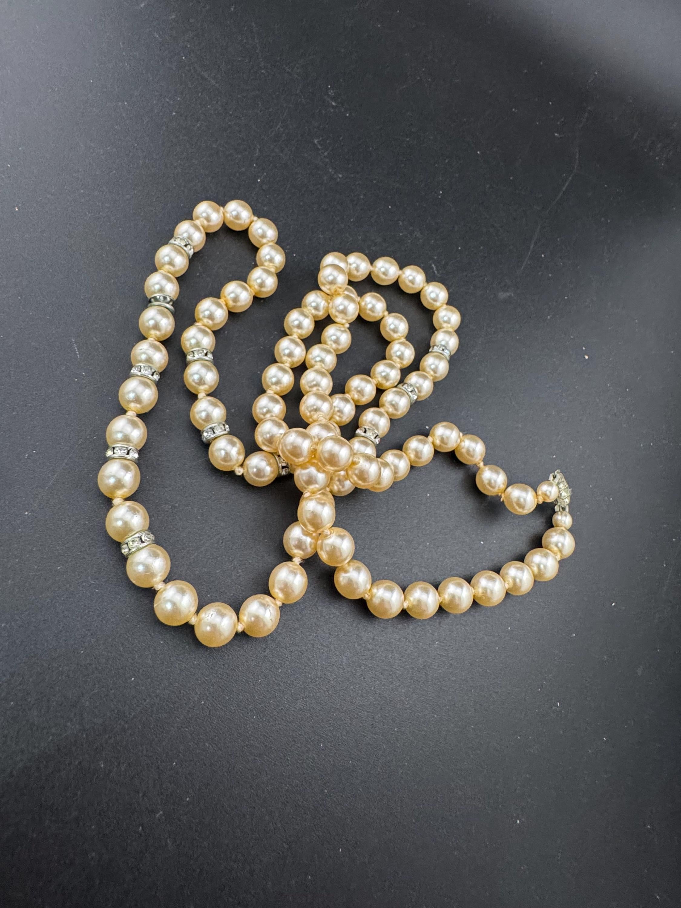 single strand cream knotted glass pearl long 79cm layering necklace with diamanté rondelle beads, vintage