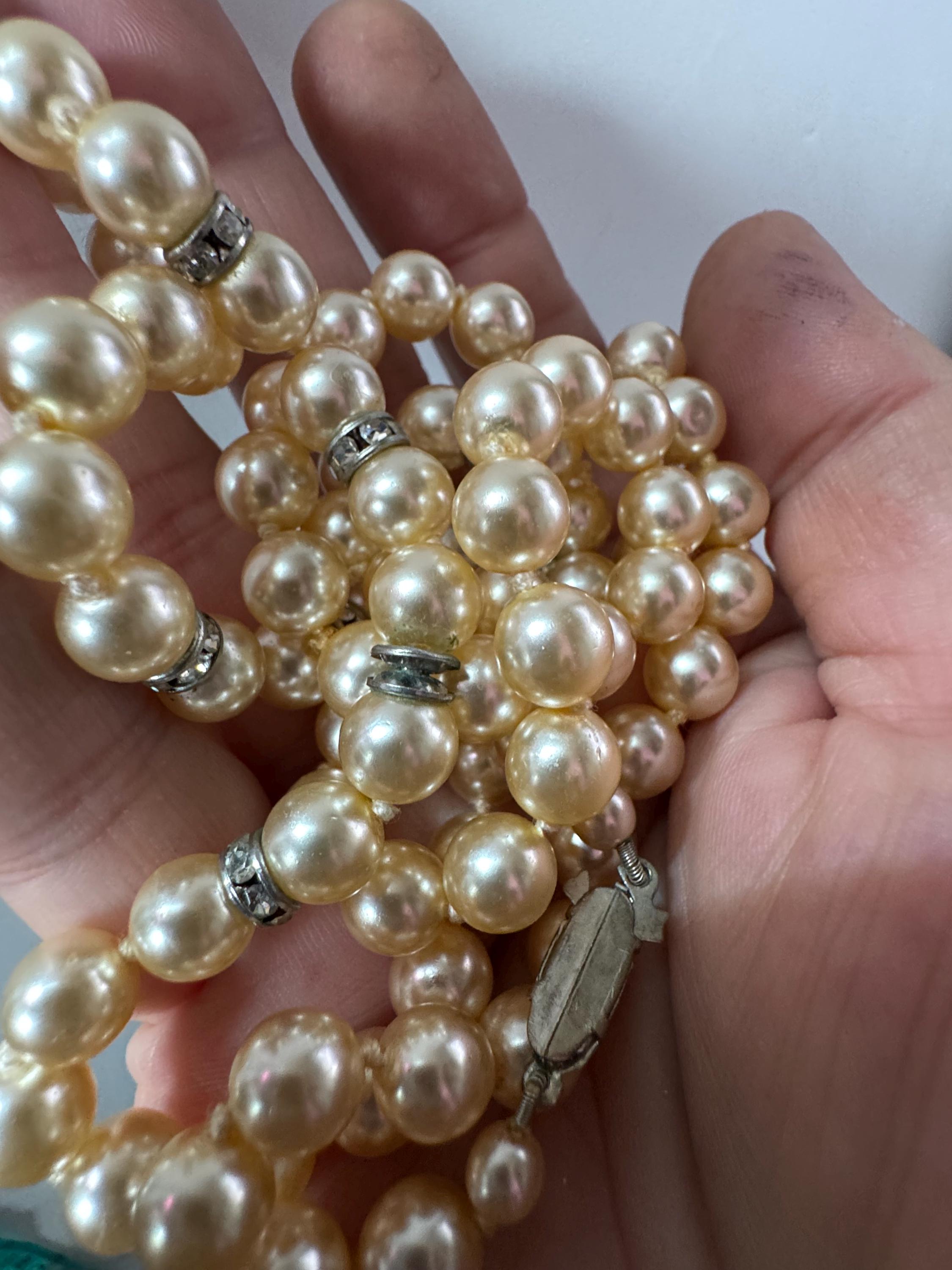 single strand cream knotted glass pearl long 79cm layering necklace with diamanté rondelle beads, vintage