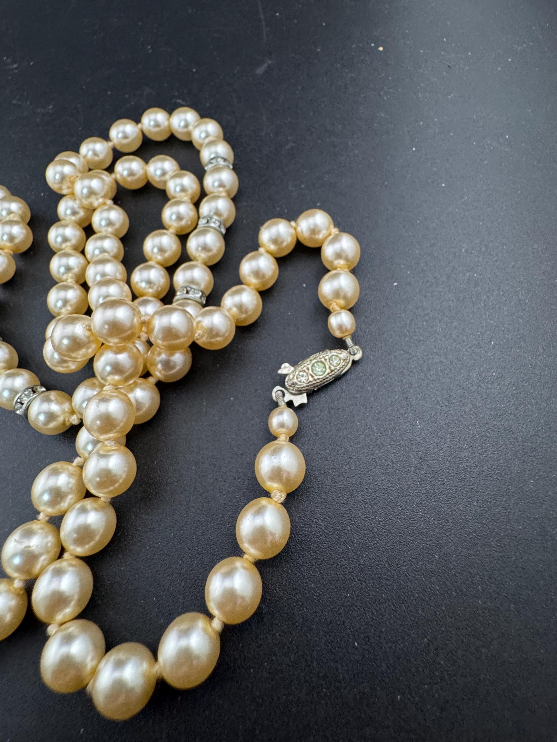 single strand cream knotted glass pearl long 79cm layering necklace with diamanté rondelle beads, vintage