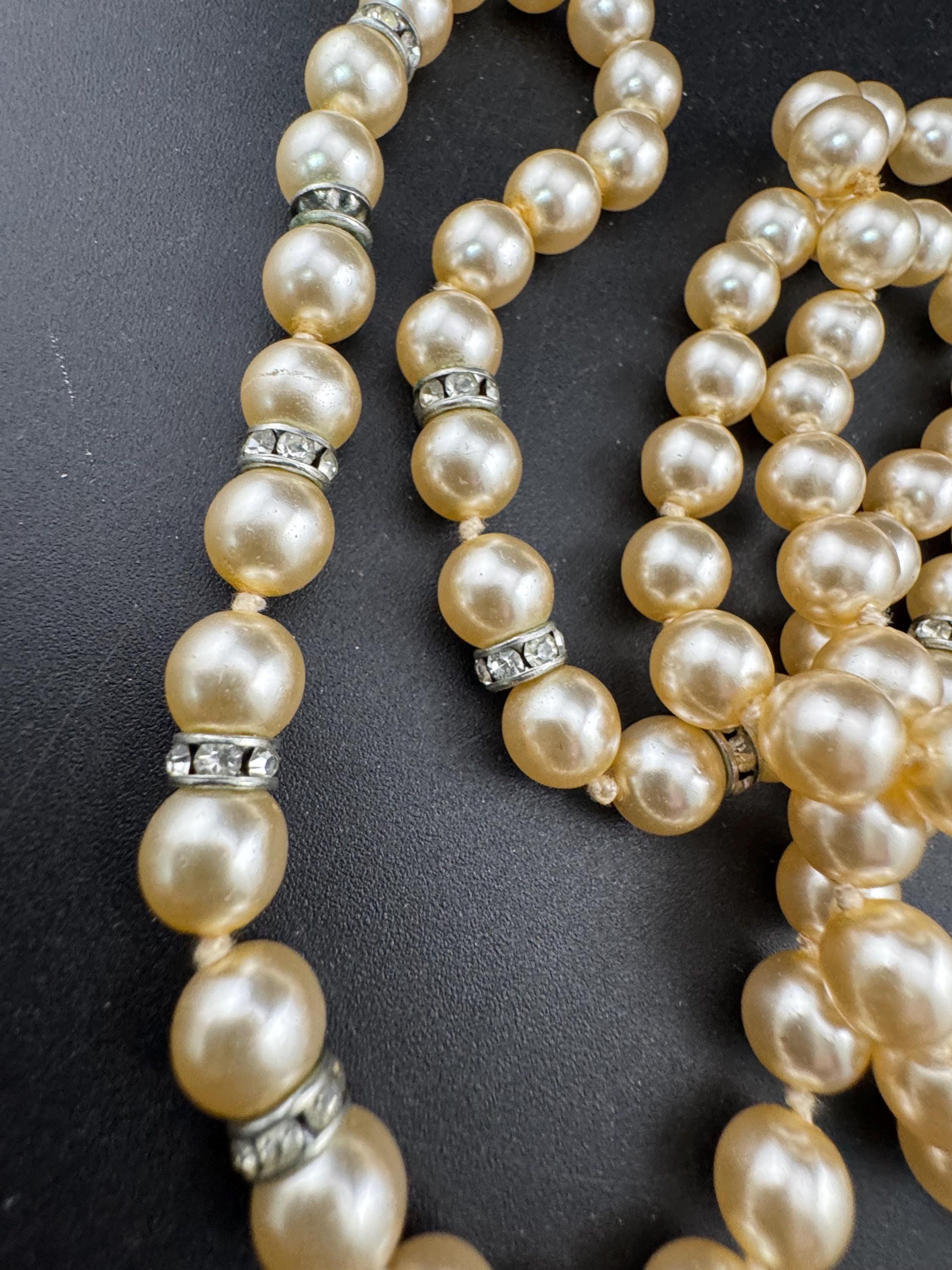 single strand cream knotted glass pearl long 79cm layering necklace with diamanté rondelle beads, vintage
