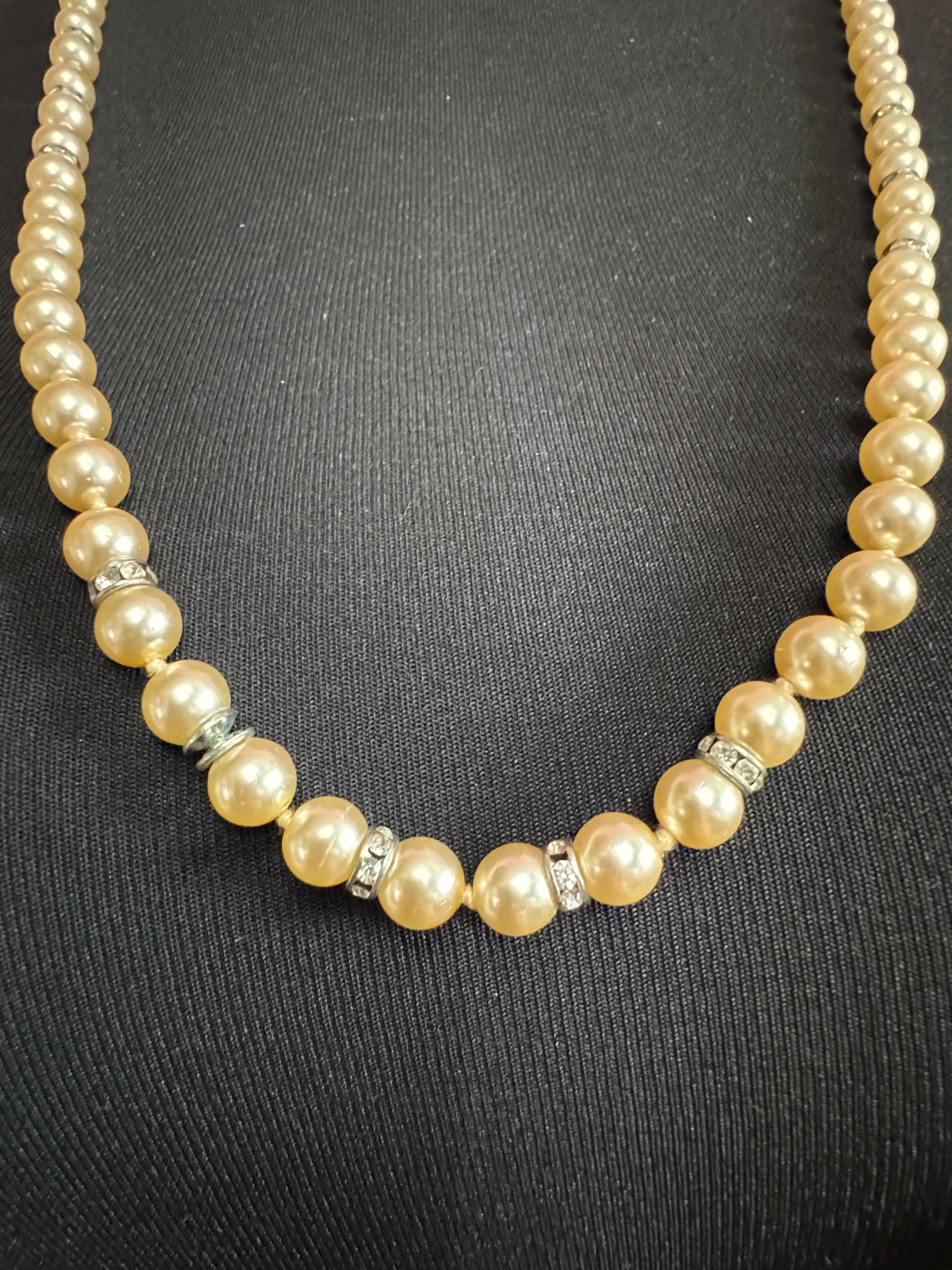 single strand cream knotted glass pearl long 79cm layering necklace with diamanté rondelle beads, vintage