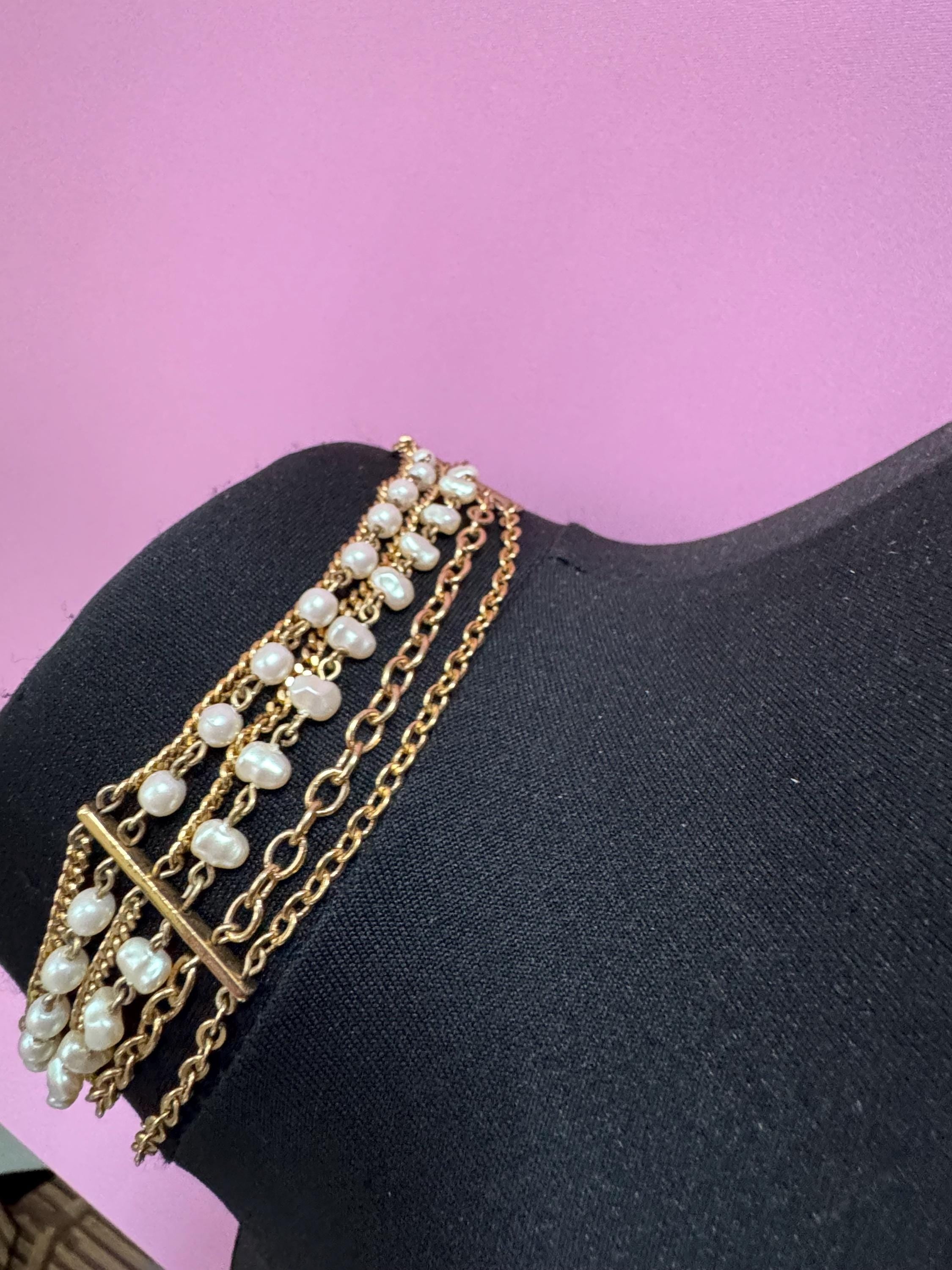 Vintage petite fit 39cm Multi Strand cream gold chain link sit on the neck Pearl Choker Necklace