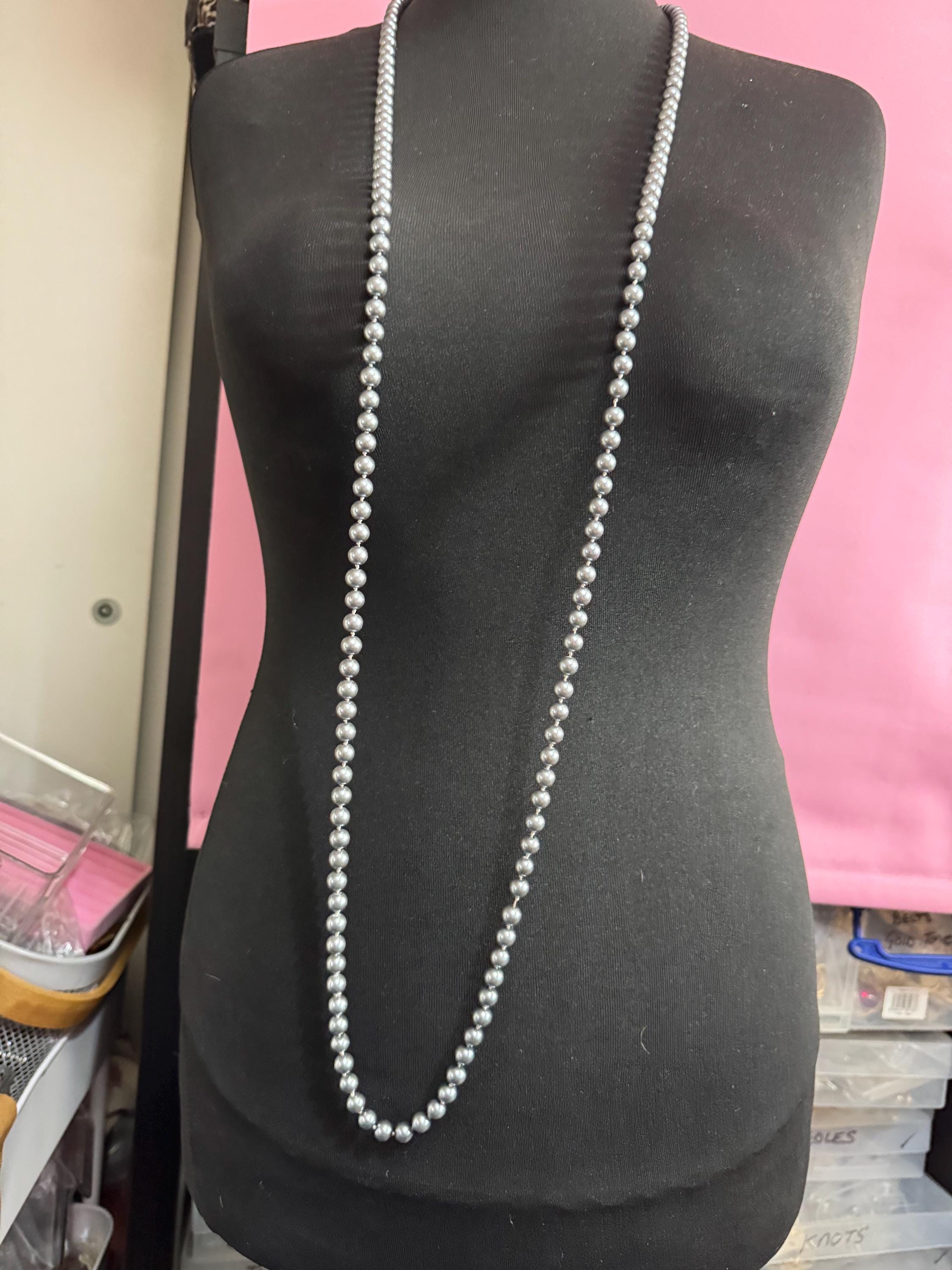 Vintage Dark Grey Freshwater Pearl Flapper Necklace: Knotted Long Wrap, 150cm