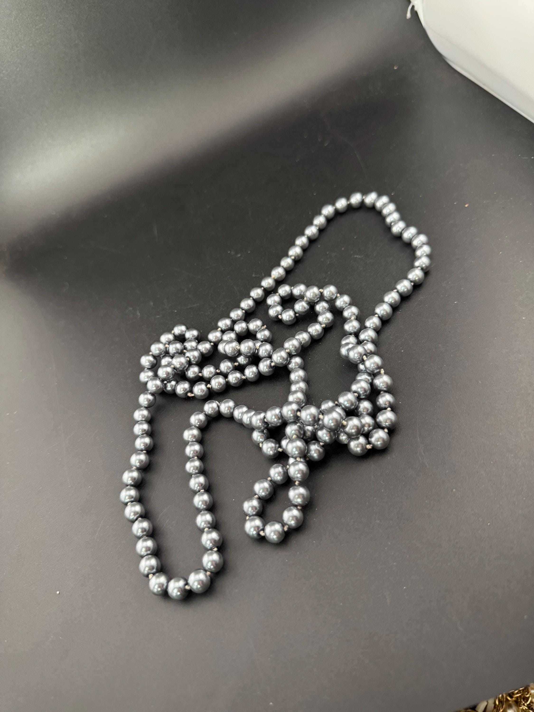Vintage Dark Grey Freshwater Pearl Flapper Necklace: Knotted Long Wrap, 150cm