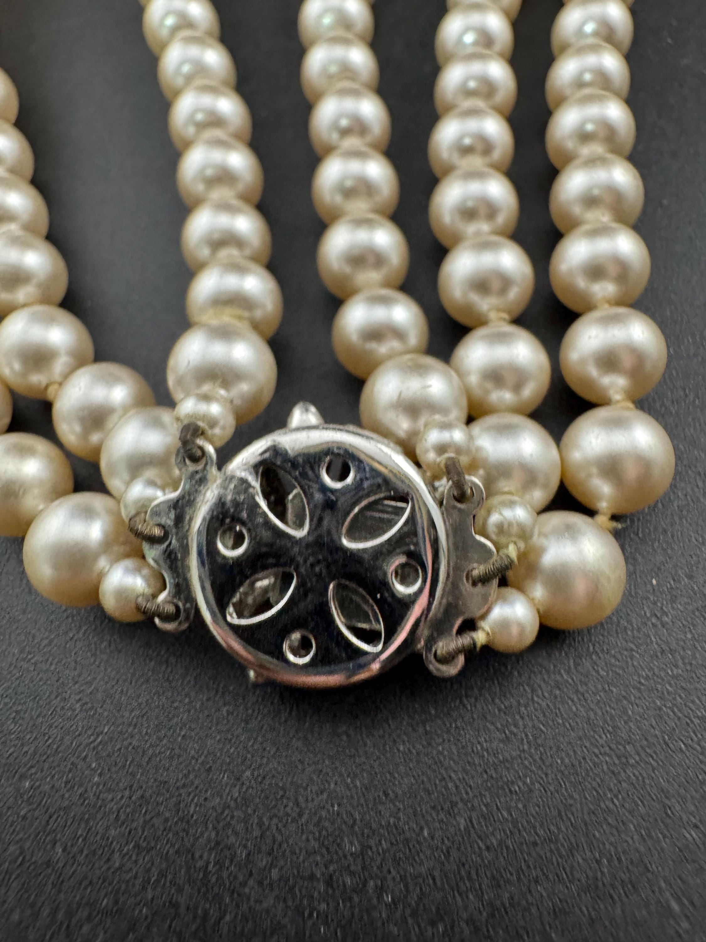 Vintage Triple 3 strand row faux  glass pearl long Multistrand necklace , ornate clear rhinestone clasp