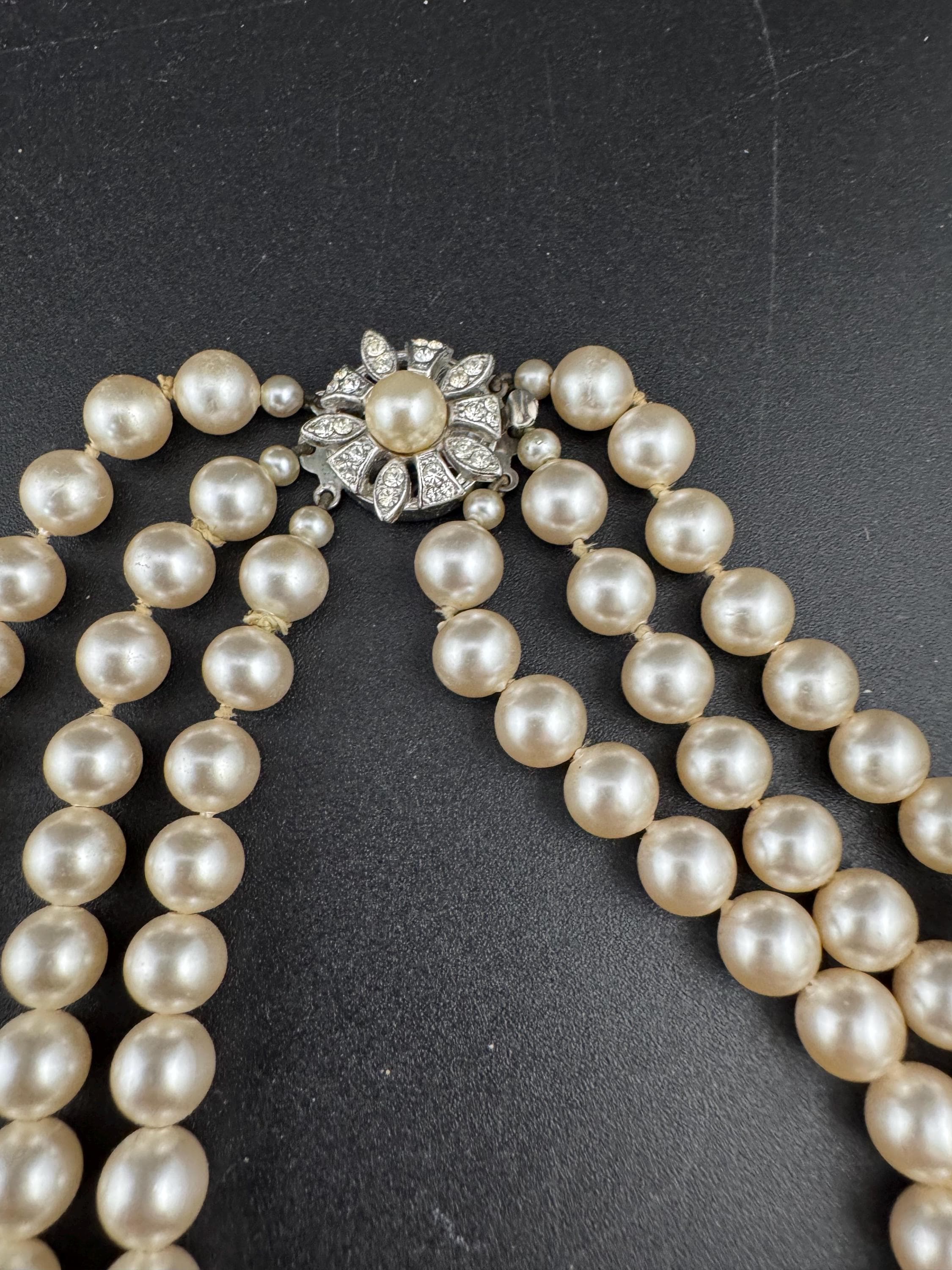 Vintage Triple 3 strand row faux  glass pearl long Multistrand necklace , ornate clear rhinestone clasp