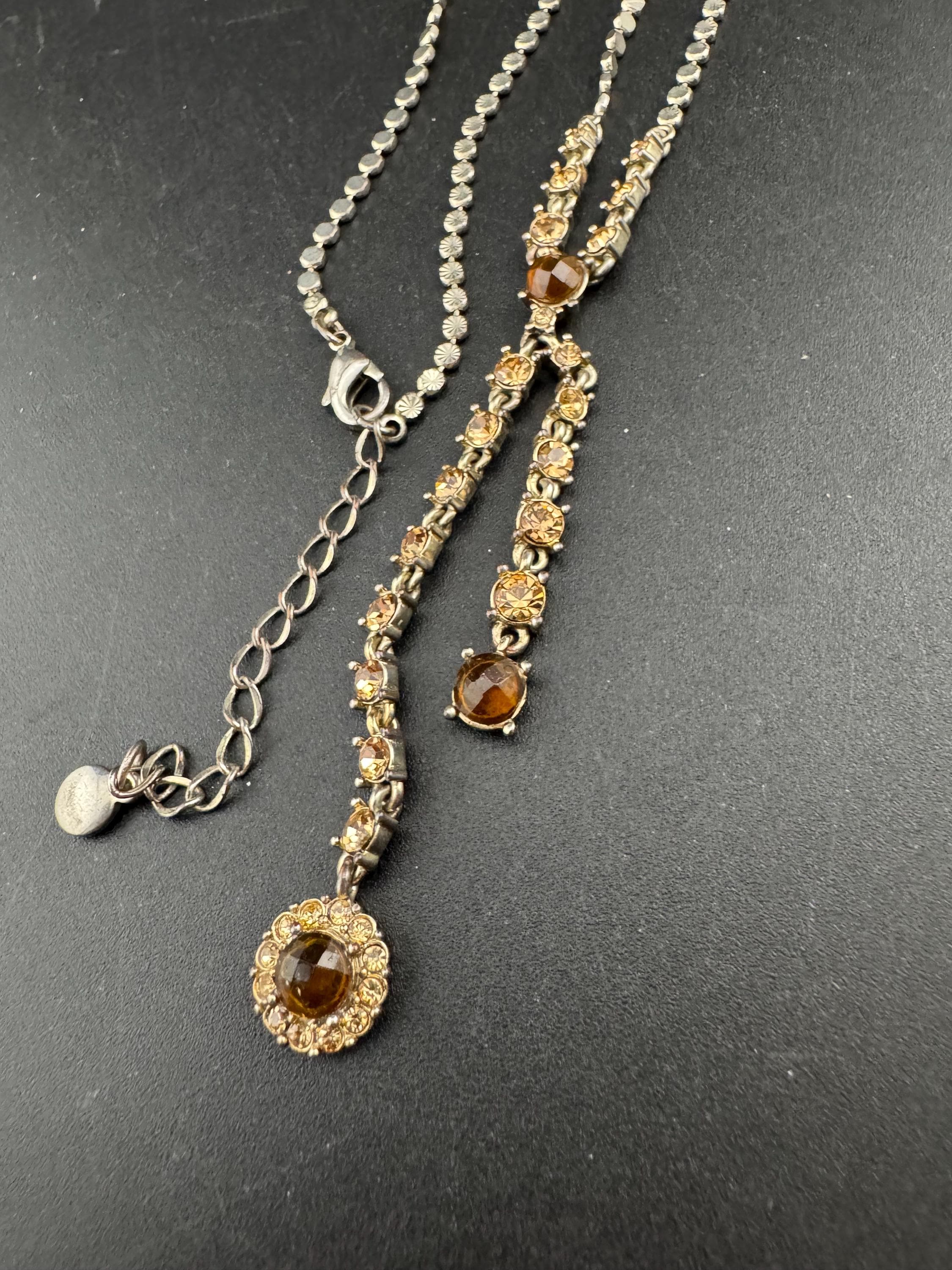 Signed Liz Claiborne silver tone brown orange rhinestone tassel necklace