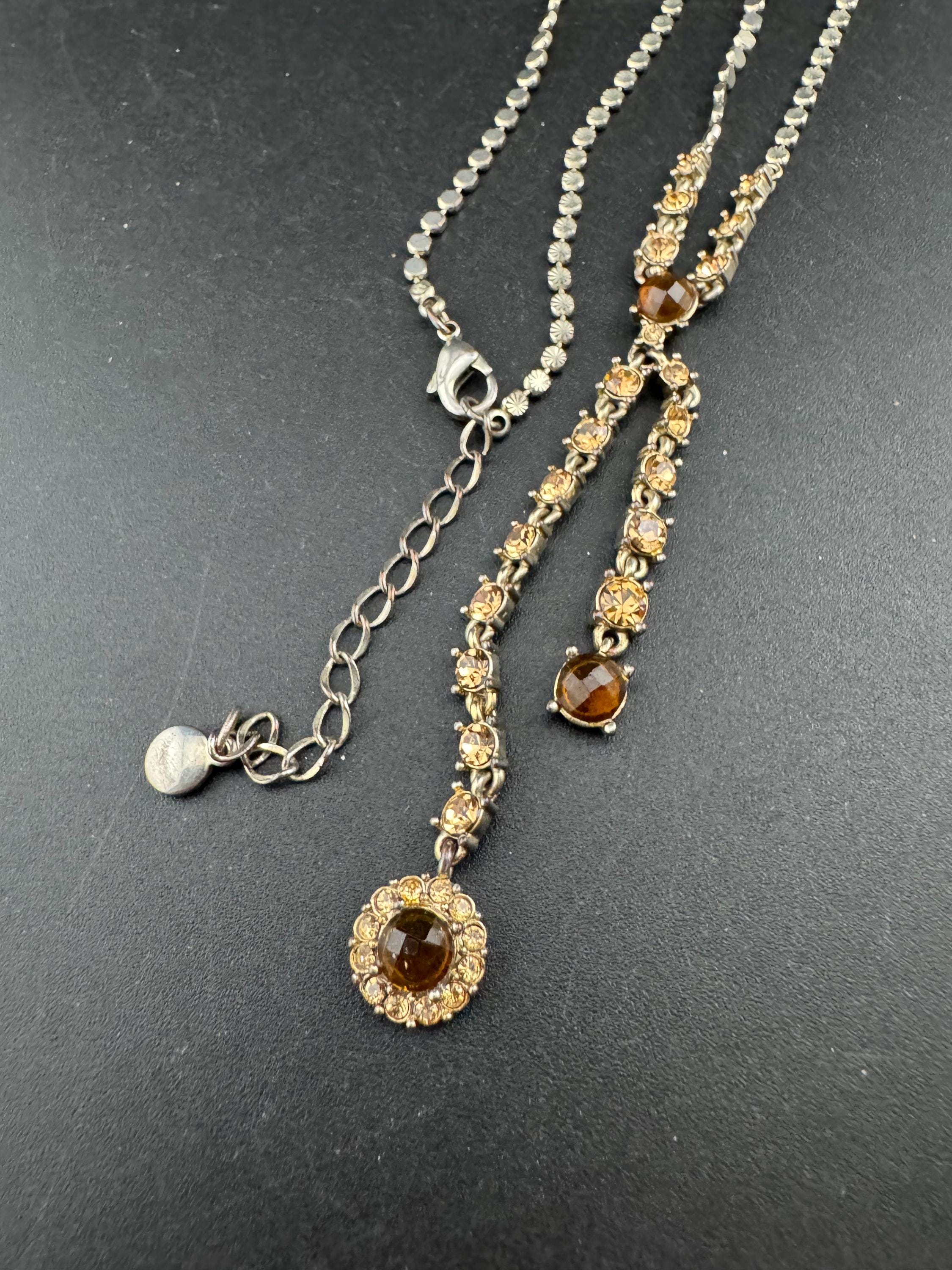 Signed Liz Claiborne silver tone brown orange rhinestone tassel necklace