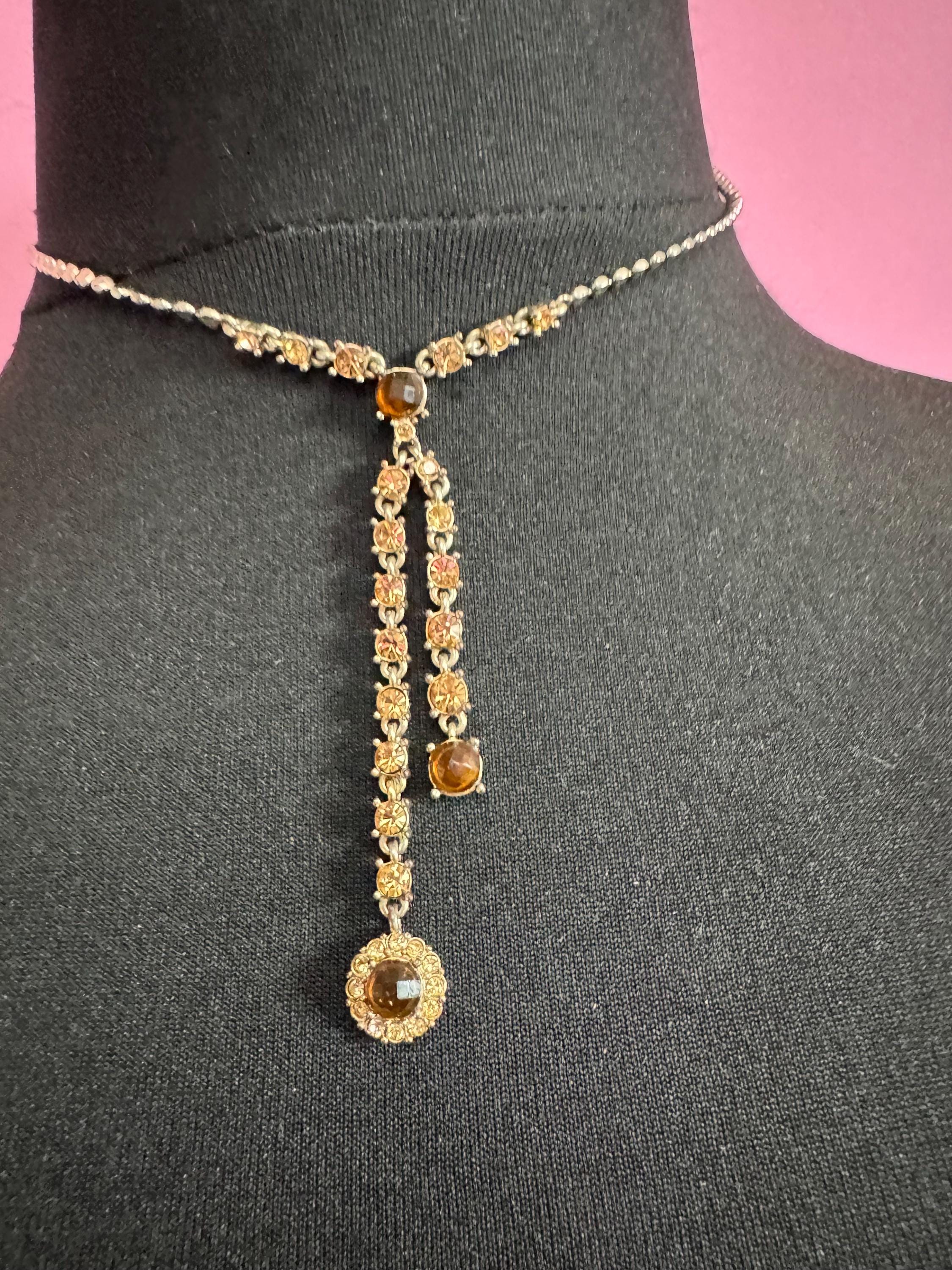 Signed Liz Claiborne silver tone brown orange rhinestone tassel necklace