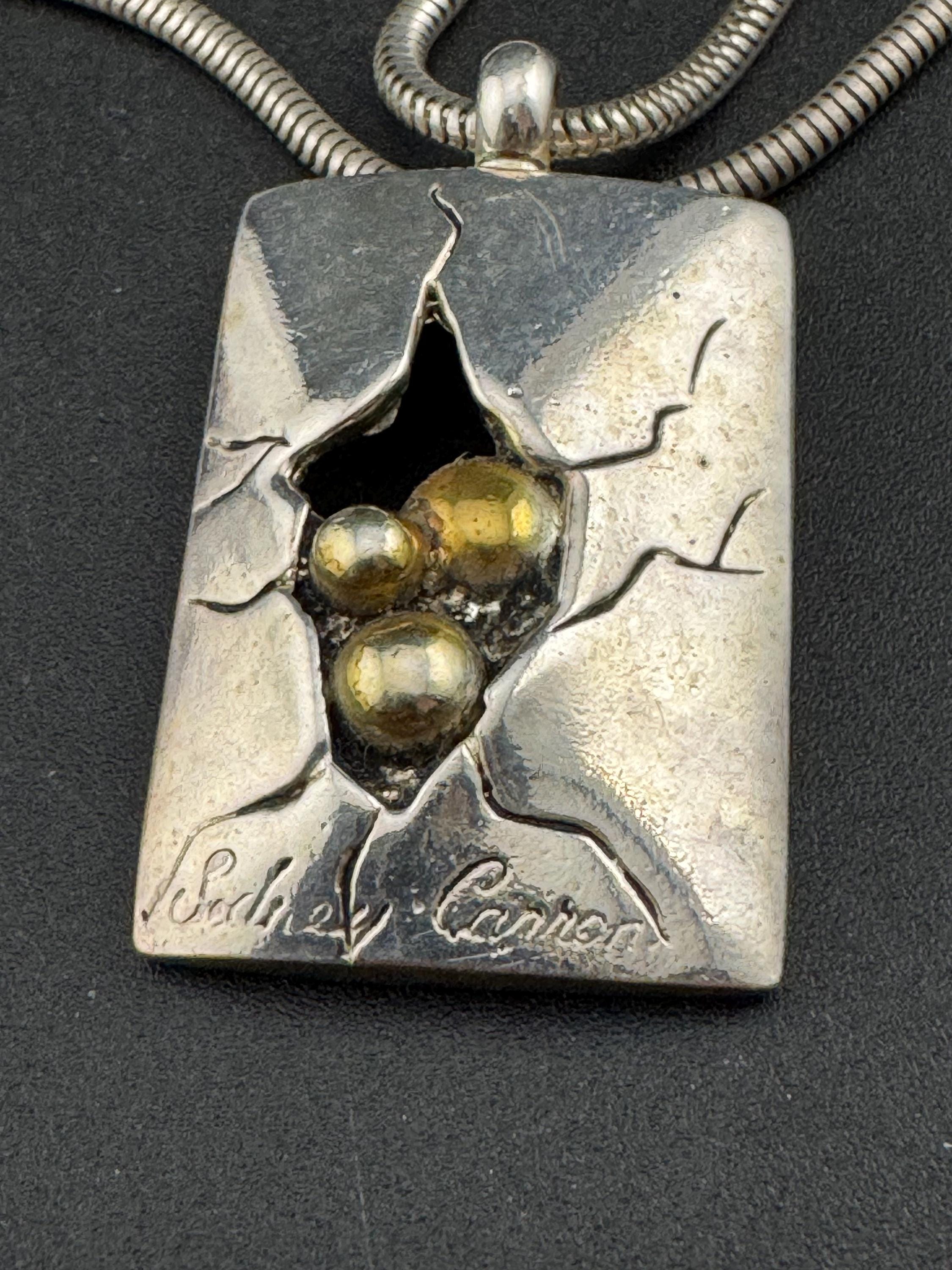 Signed Sidney Carron Paris Pendant Necklace: Silver Tone & Gold Ball