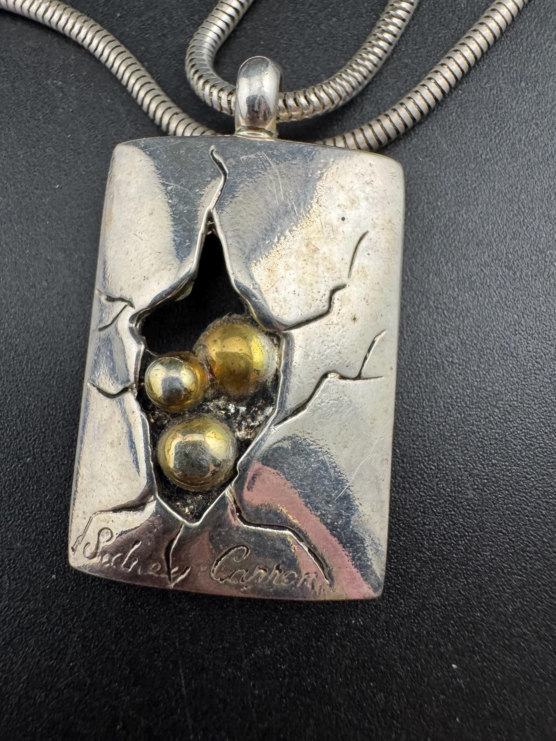 Signed Sidney Carron Paris Pendant Necklace: Silver Tone & Gold Ball