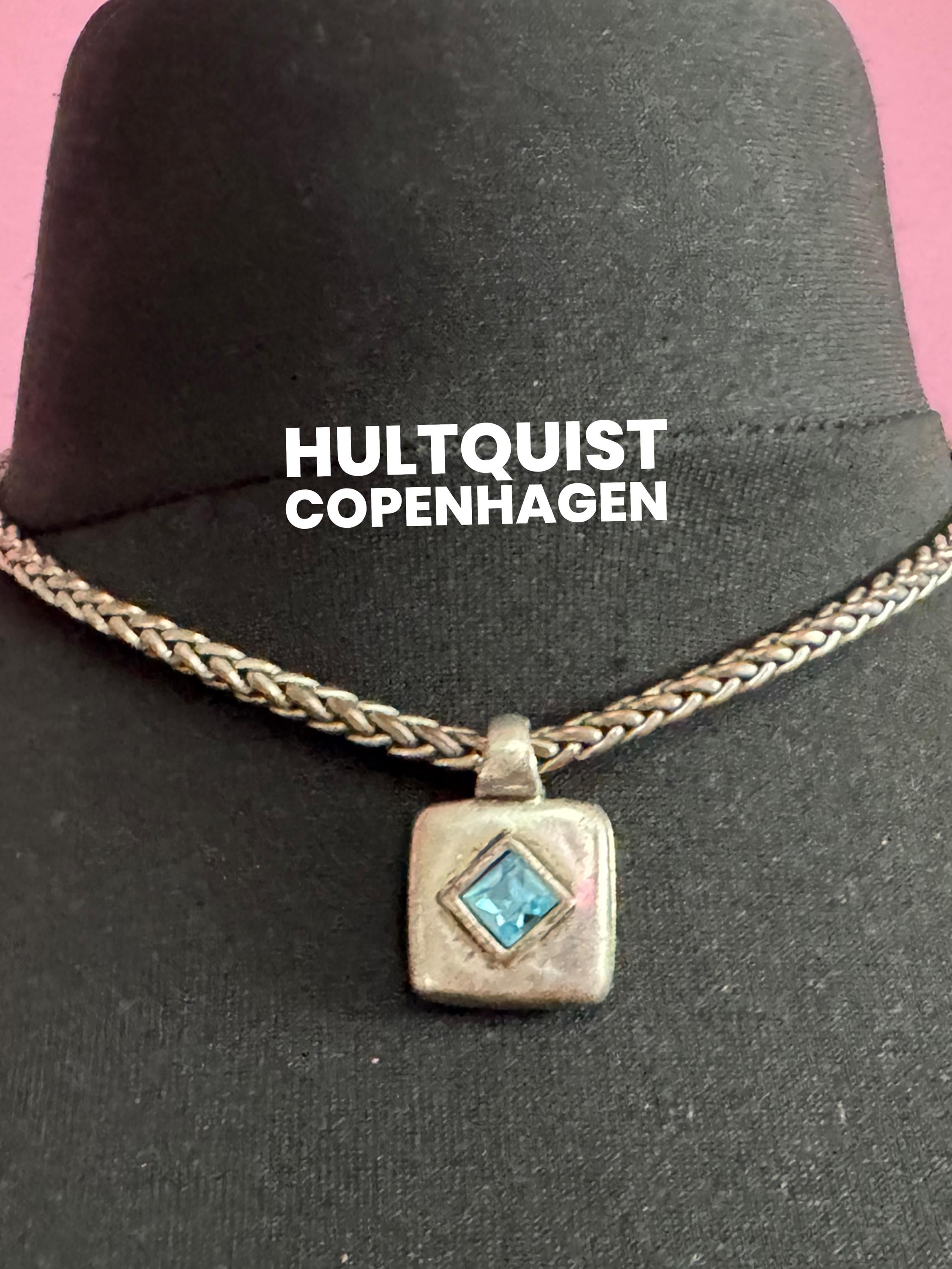 Signed hultquist Copenhagen Retro modernist dark silver tone wheat chain with turquoise square Crystal pendant necklace 42cm