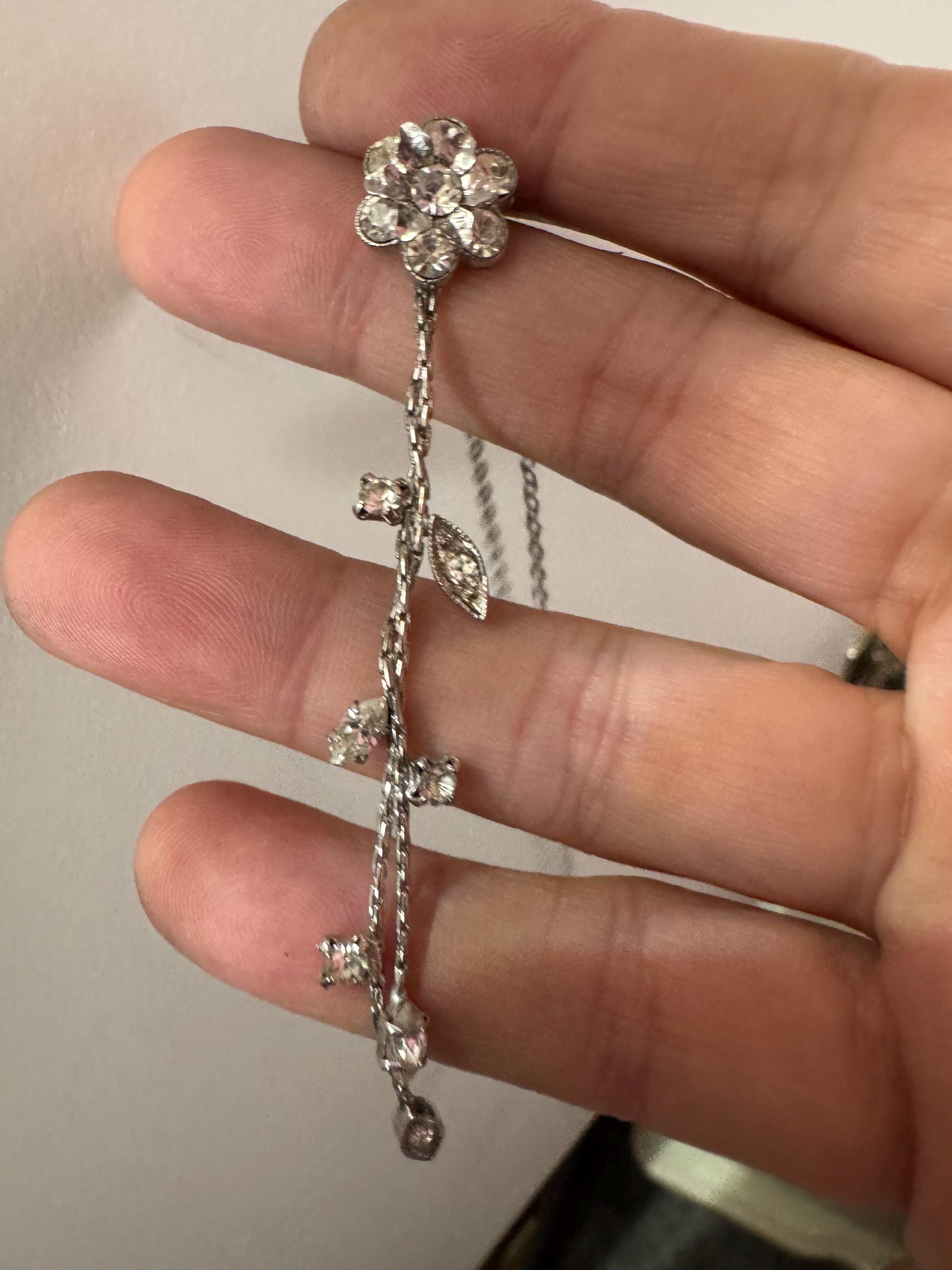 Signed Mikey retro clear diamanté rhinestone crystal silver tone drop necklace 90s 40-45cm