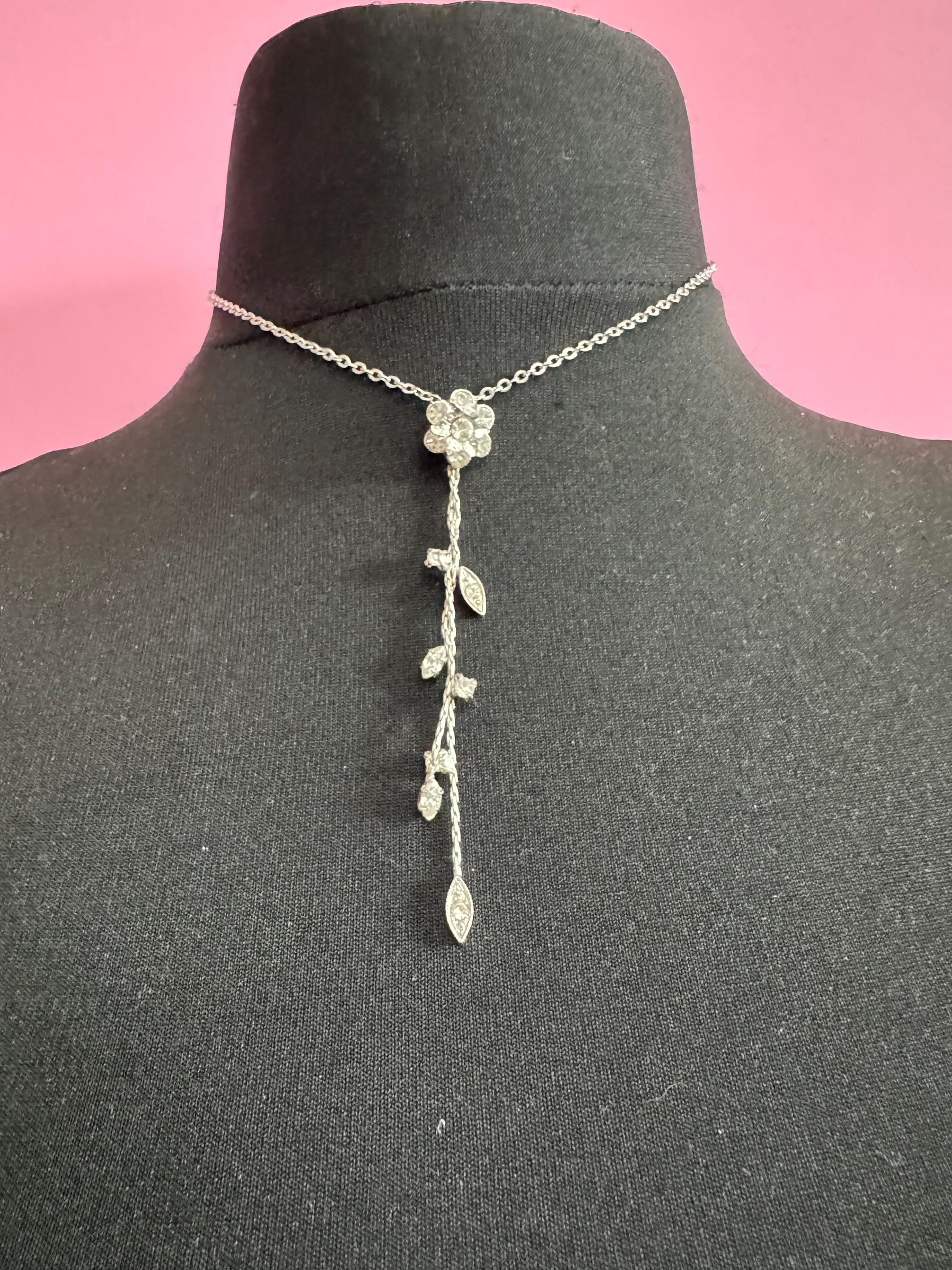 Signed Mikey retro clear diamanté rhinestone crystal silver tone drop necklace 90s 40-45cm