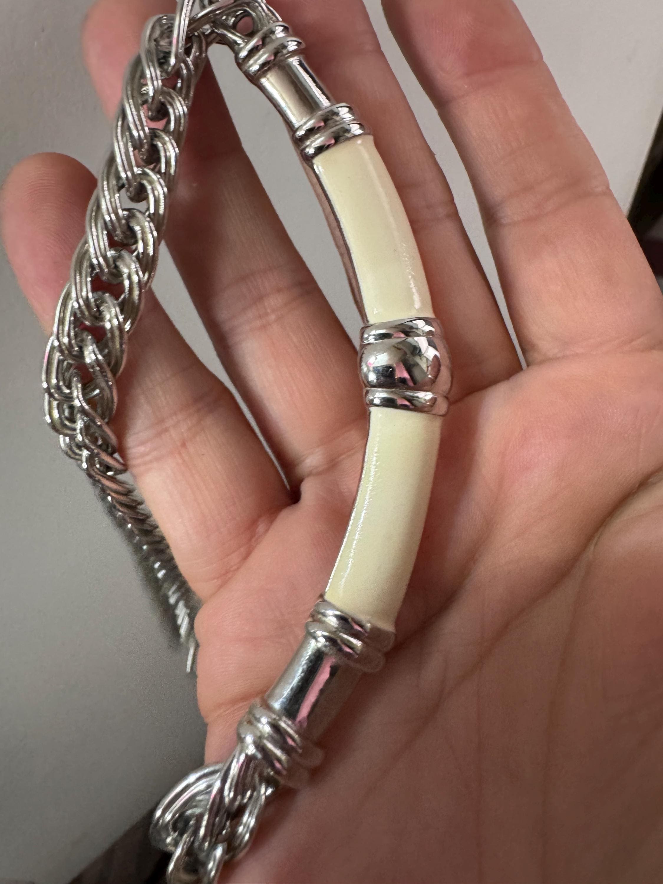 Signed Monet Cream Enamel Choker Necklace: Silver Tone Adjustable Chain