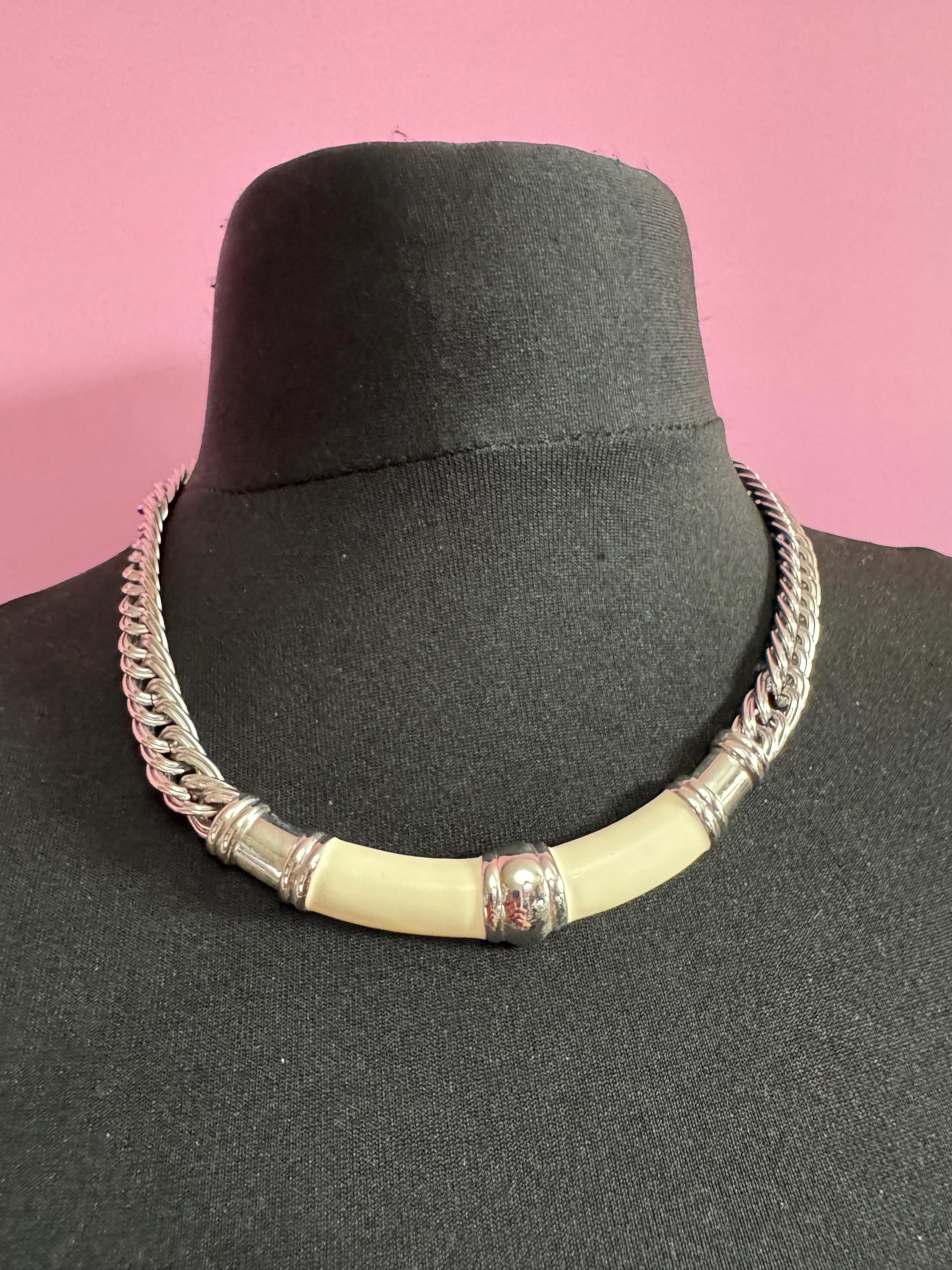 Signed Monet Cream Enamel Choker Necklace: Silver Tone Adjustable Chain