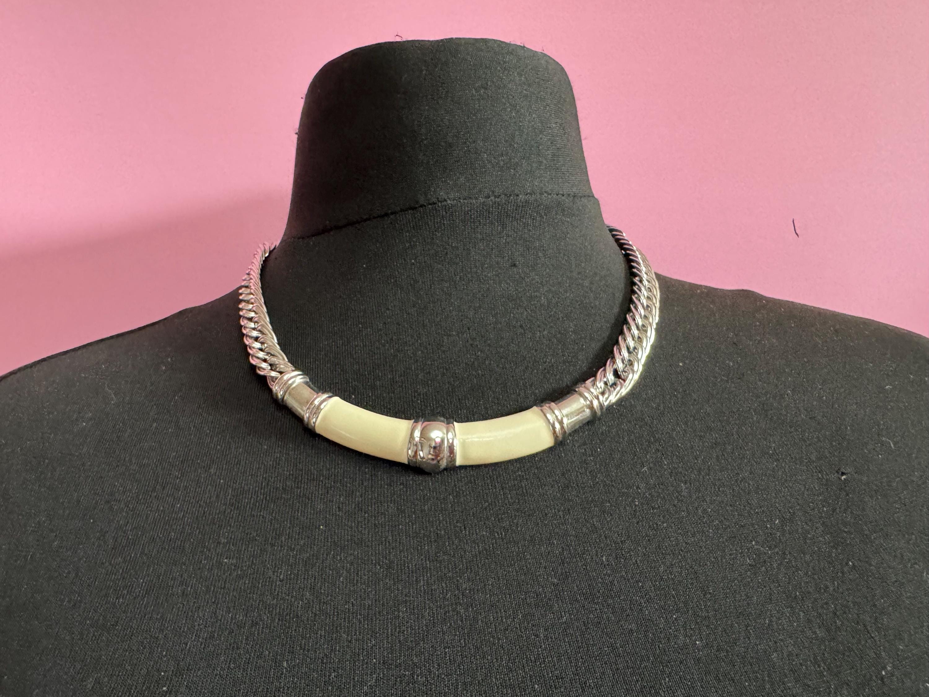 Signed Monet Cream Enamel Choker Necklace: Silver Tone Adjustable Chain