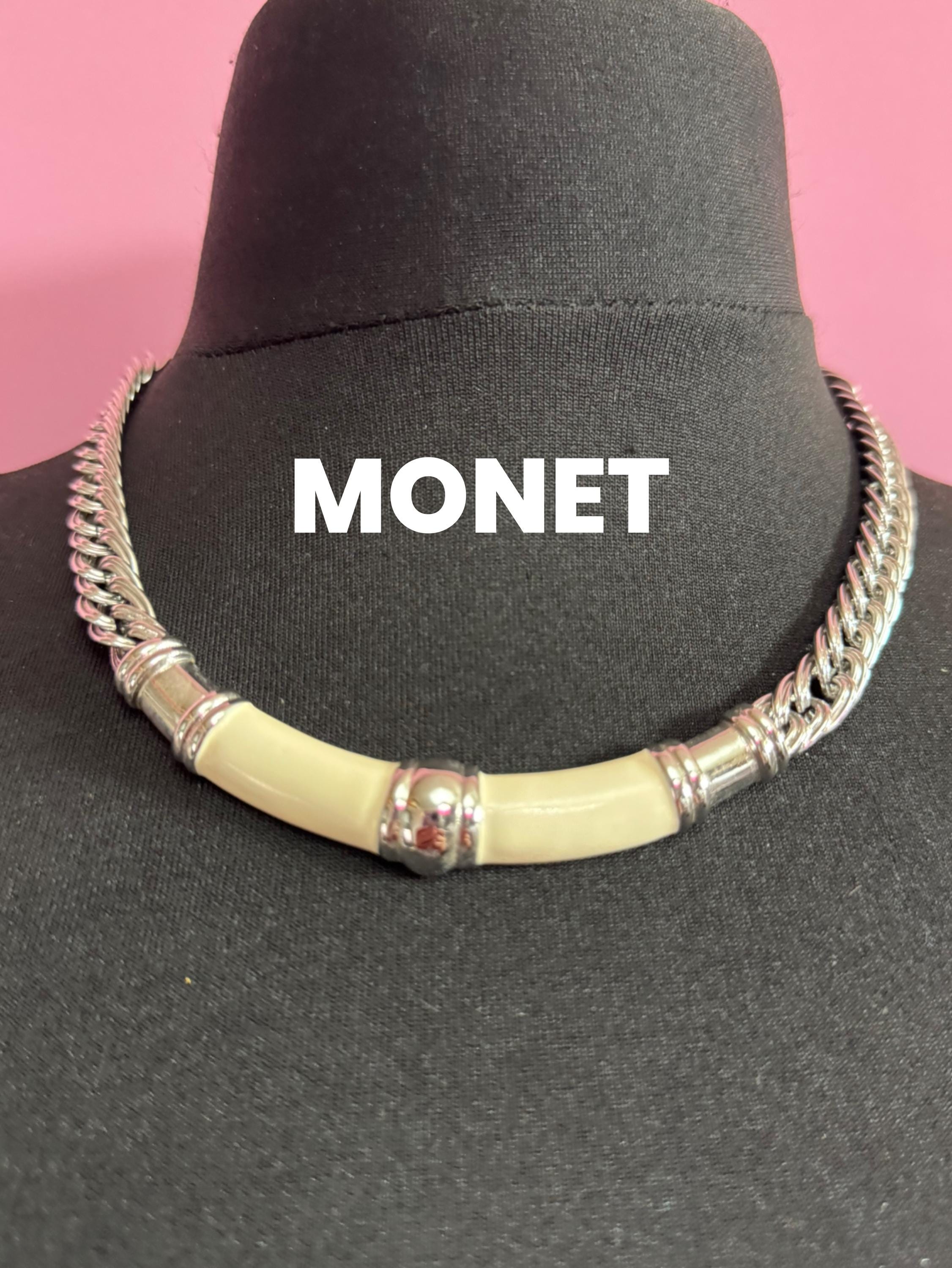 Signed Monet cream enamel chain link panel link chunky silver tone adjustable length choker necklace retro