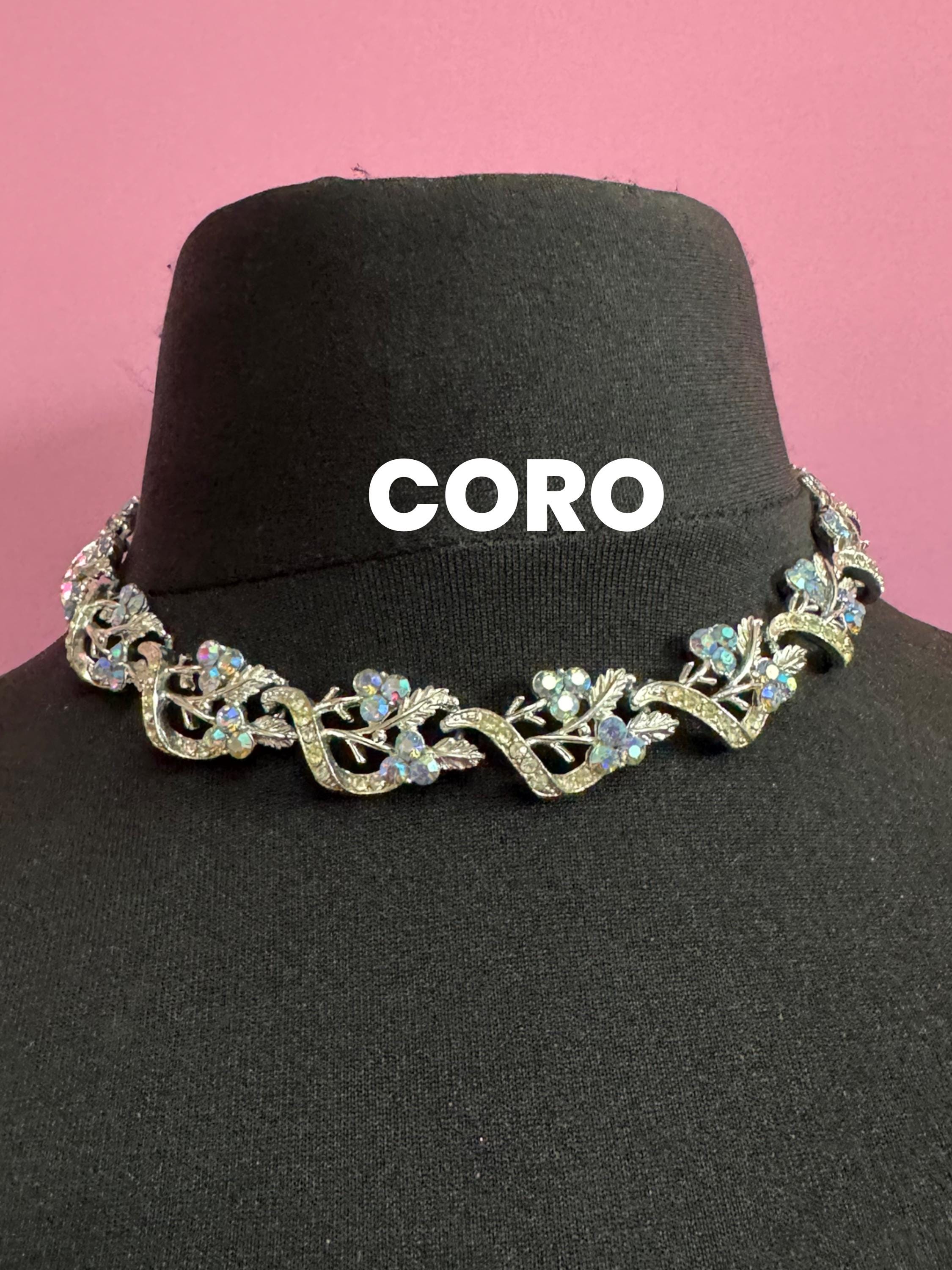Vintage signed Coro blue AB aurora borealis rhinestone panel link choker Necklace, silver tone