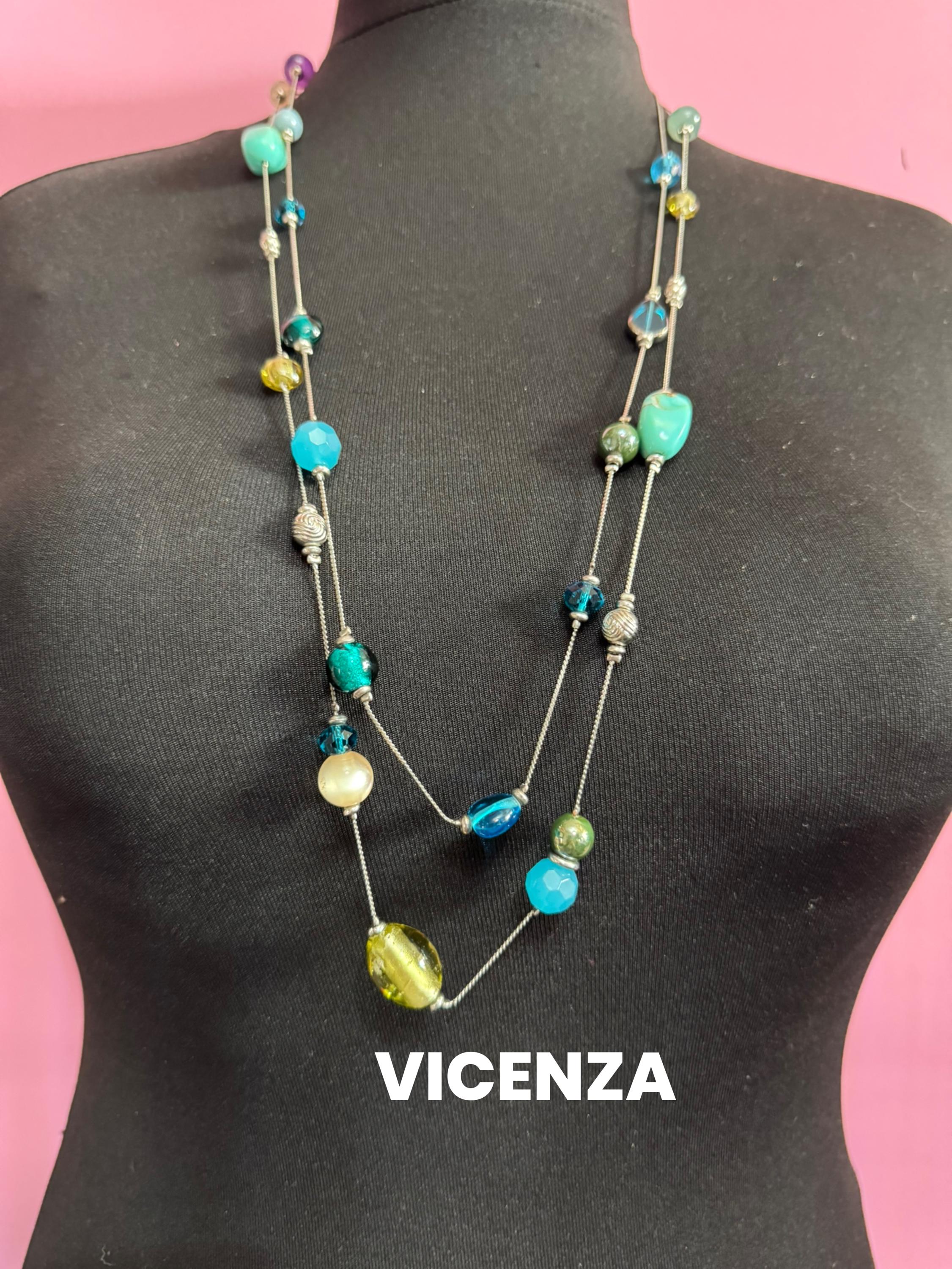 Signed Vicenza Italian Vintage blue green acrylic and natural gemstone 2 row silvertone layering beaded necklace