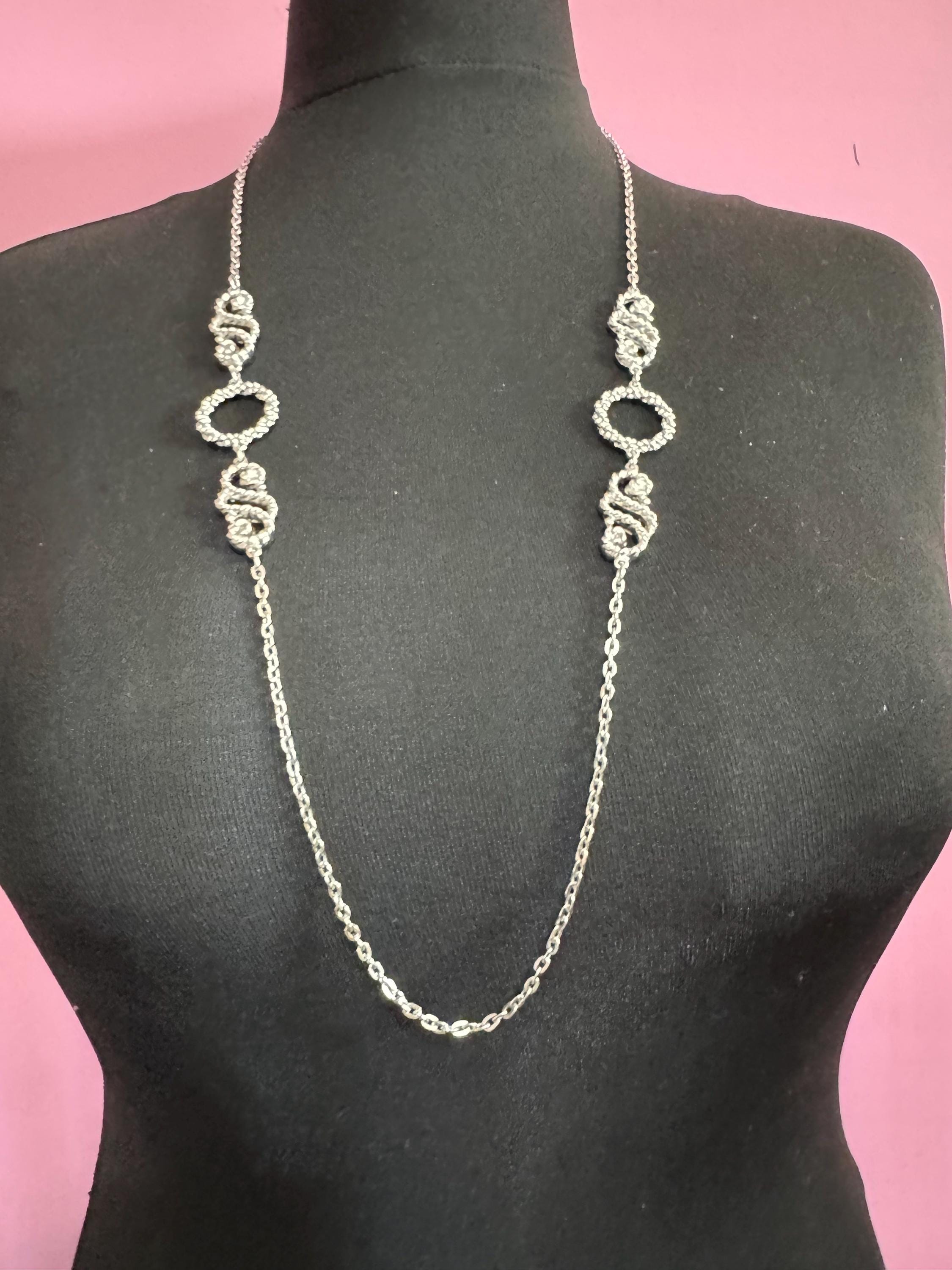 Vintage Sarah Coventry signed long silver tone nautical rope twist station Link chain necklace, over the head 88cm