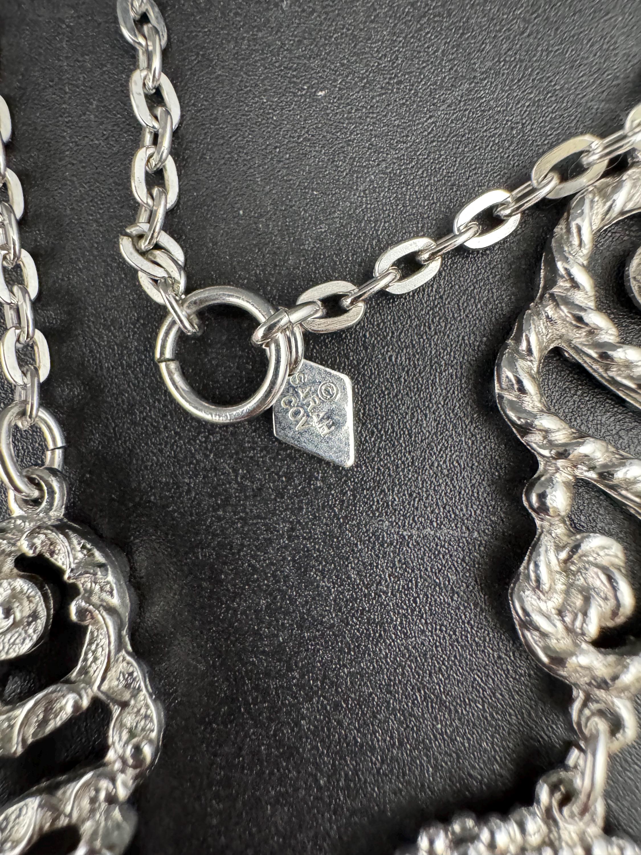 Vintage Sarah Coventry signed long silver tone nautical rope twist station Link chain necklace, over the head 88cm