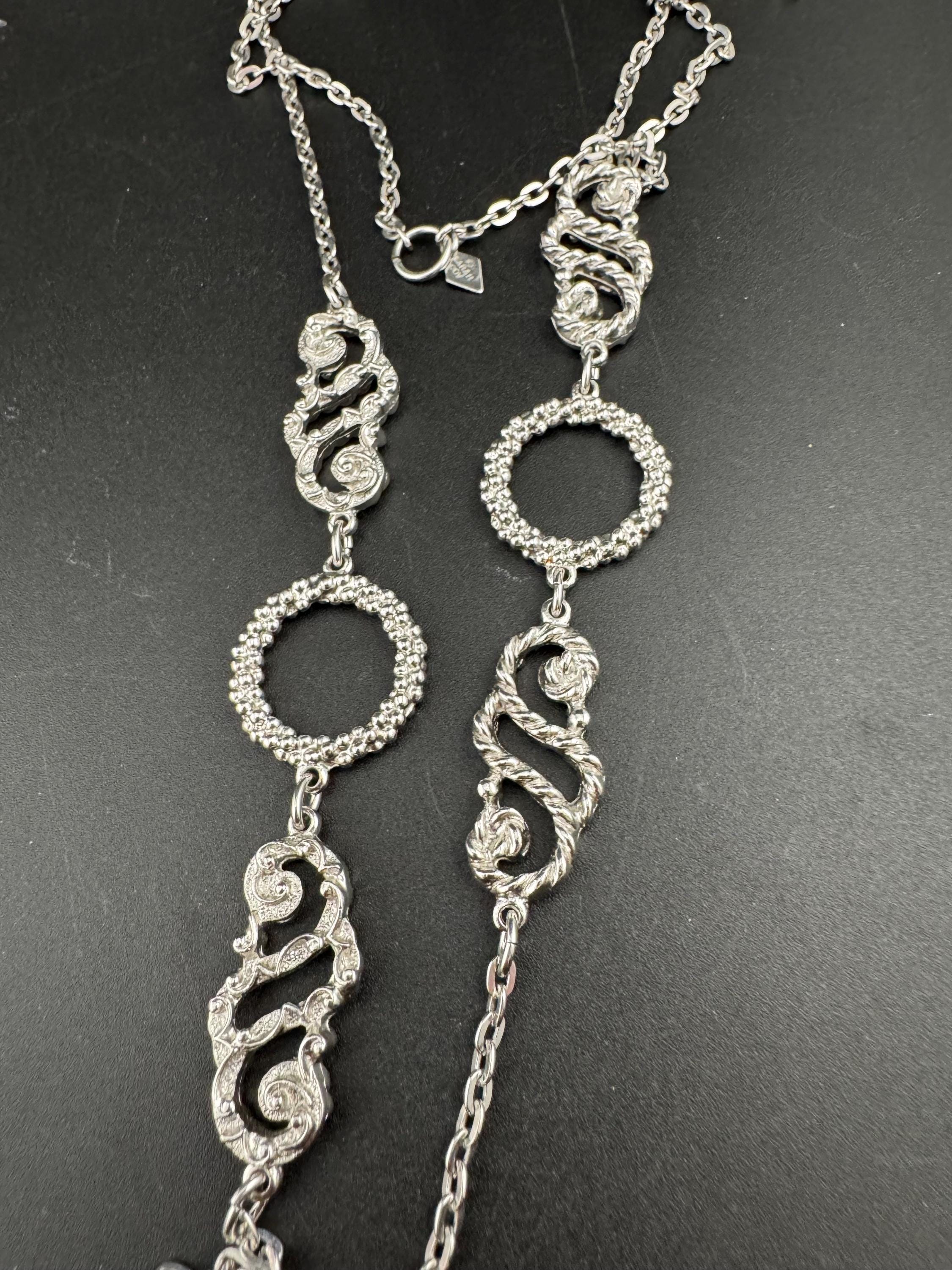 Vintage Sarah Coventry signed long silver tone nautical rope twist station Link chain necklace, over the head 88cm