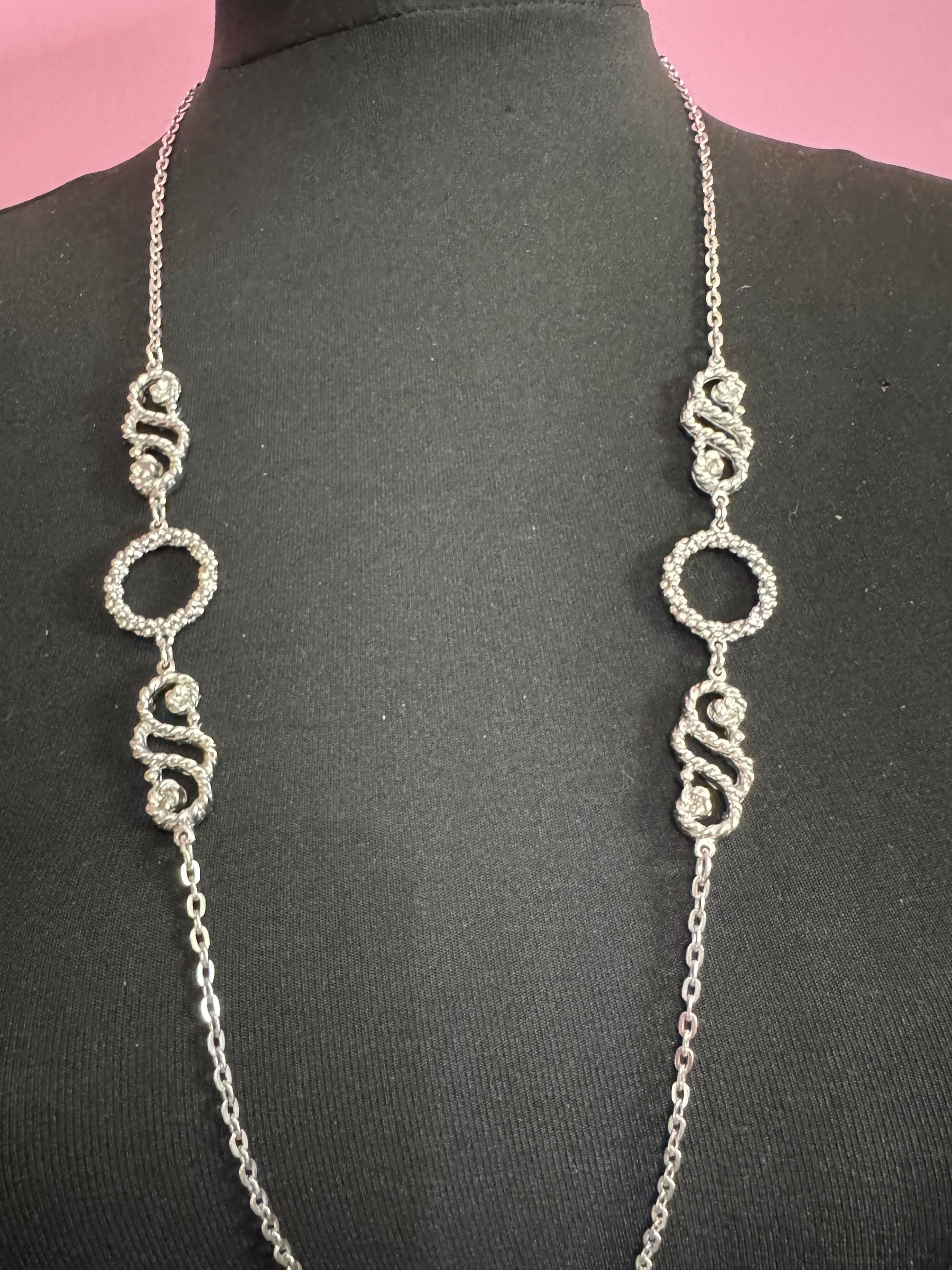 Vintage Sarah Coventry signed long silver tone nautical rope twist station Link chain necklace, over the head 88cm