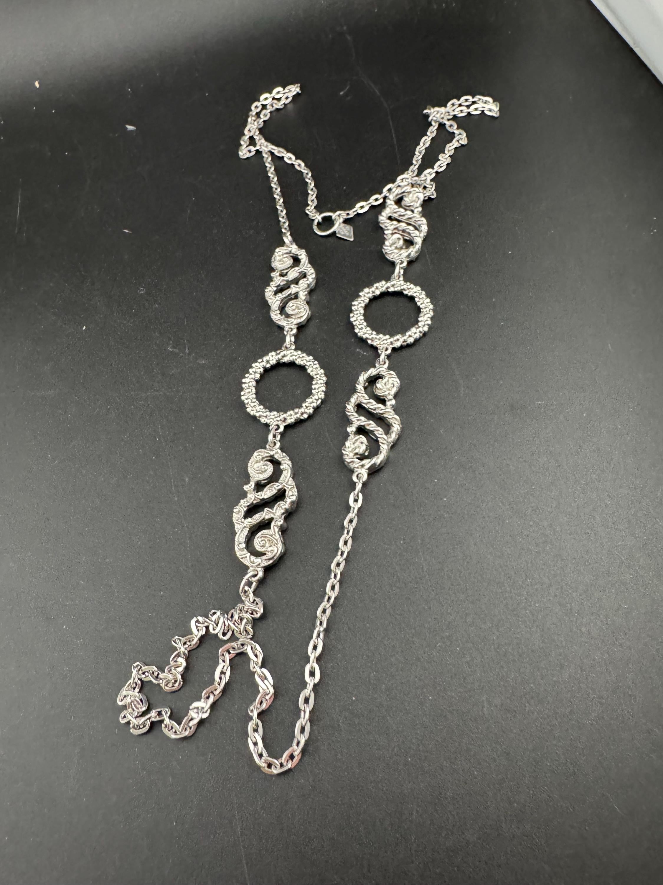 Vintage Sarah Coventry signed long silver tone nautical rope twist station Link chain necklace, over the head 88cm