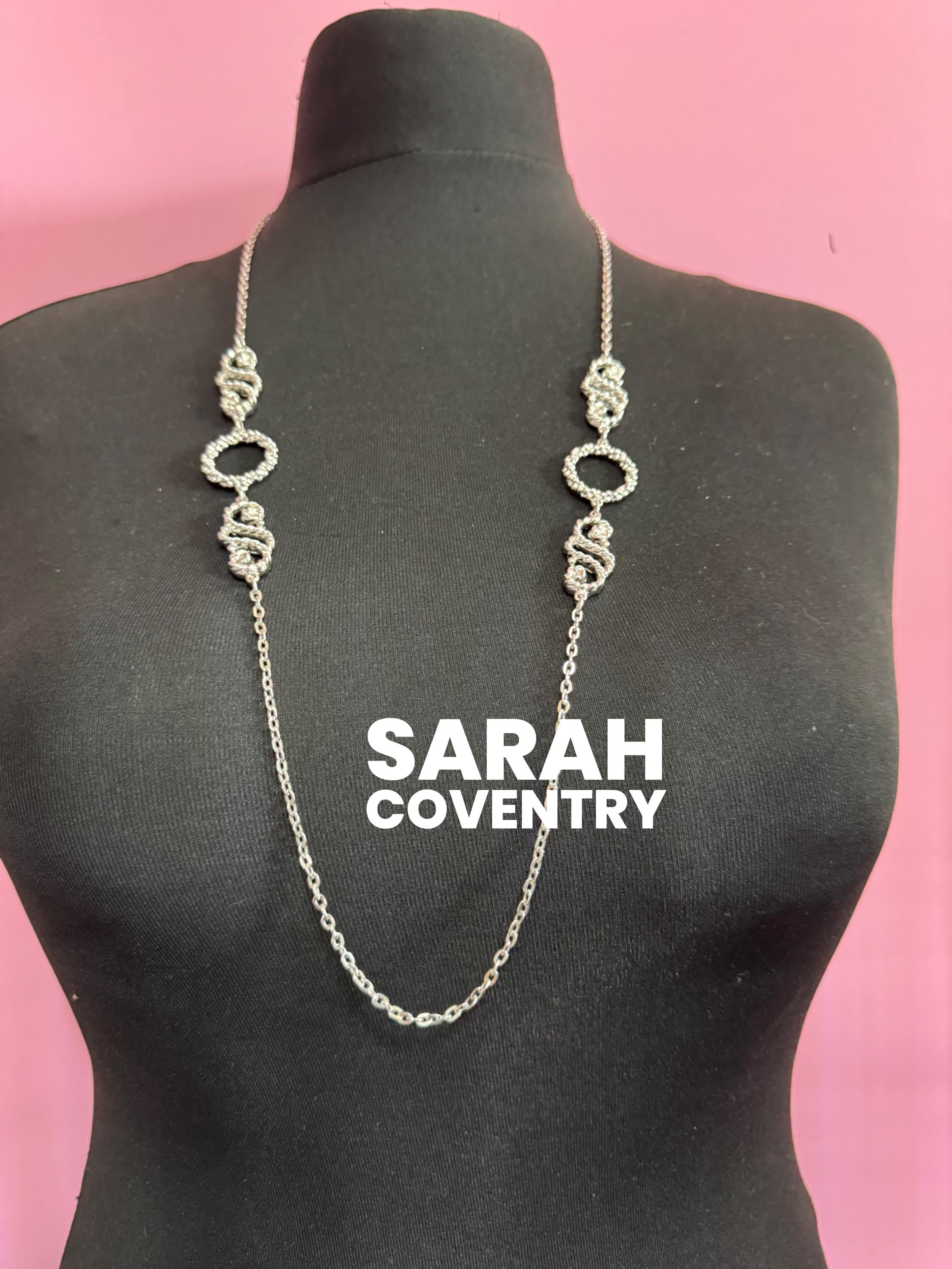 Vintage Sarah Coventry signed long silver tone nautical rope twist station Link chain necklace, over the head 88cm