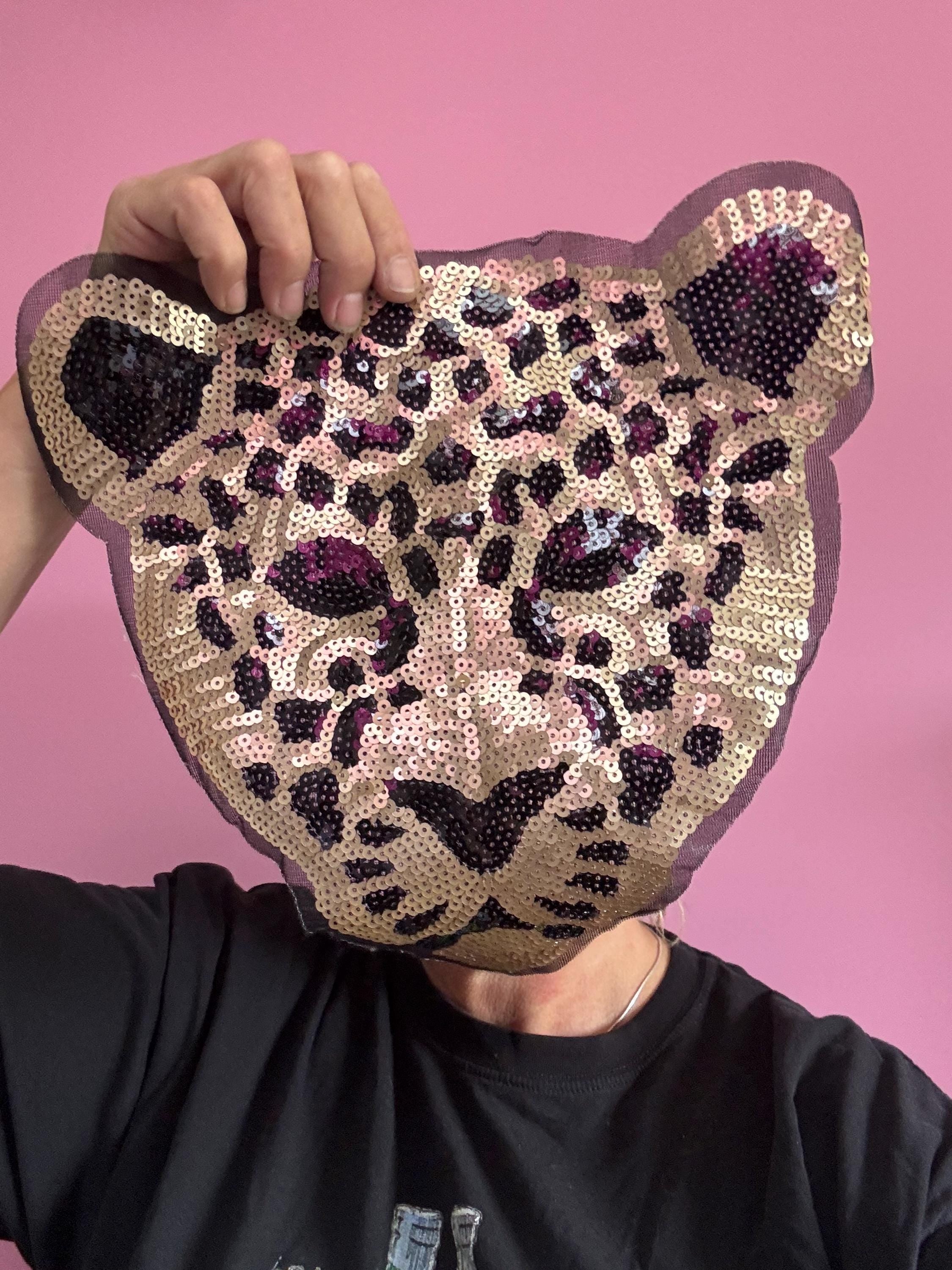XL 30cm x 29cm sew on wild animal, big cat leopard face patch sequin applique for sewing on clothing , jackets and bags upcycle projects