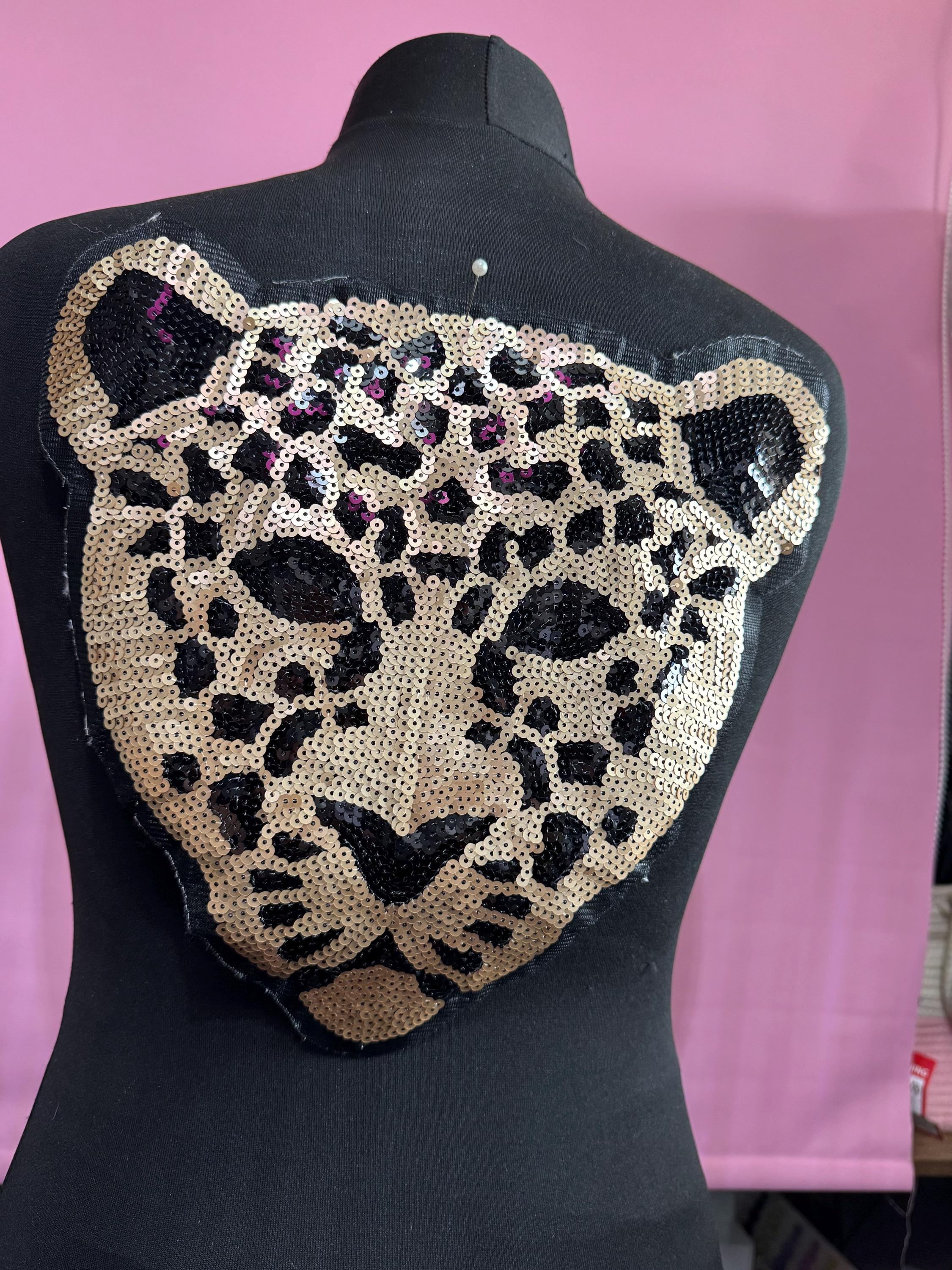 XL 30cm x 29cm sew on wild animal, big cat leopard face patch sequin applique for sewing on clothing , jackets and bags upcycle projects