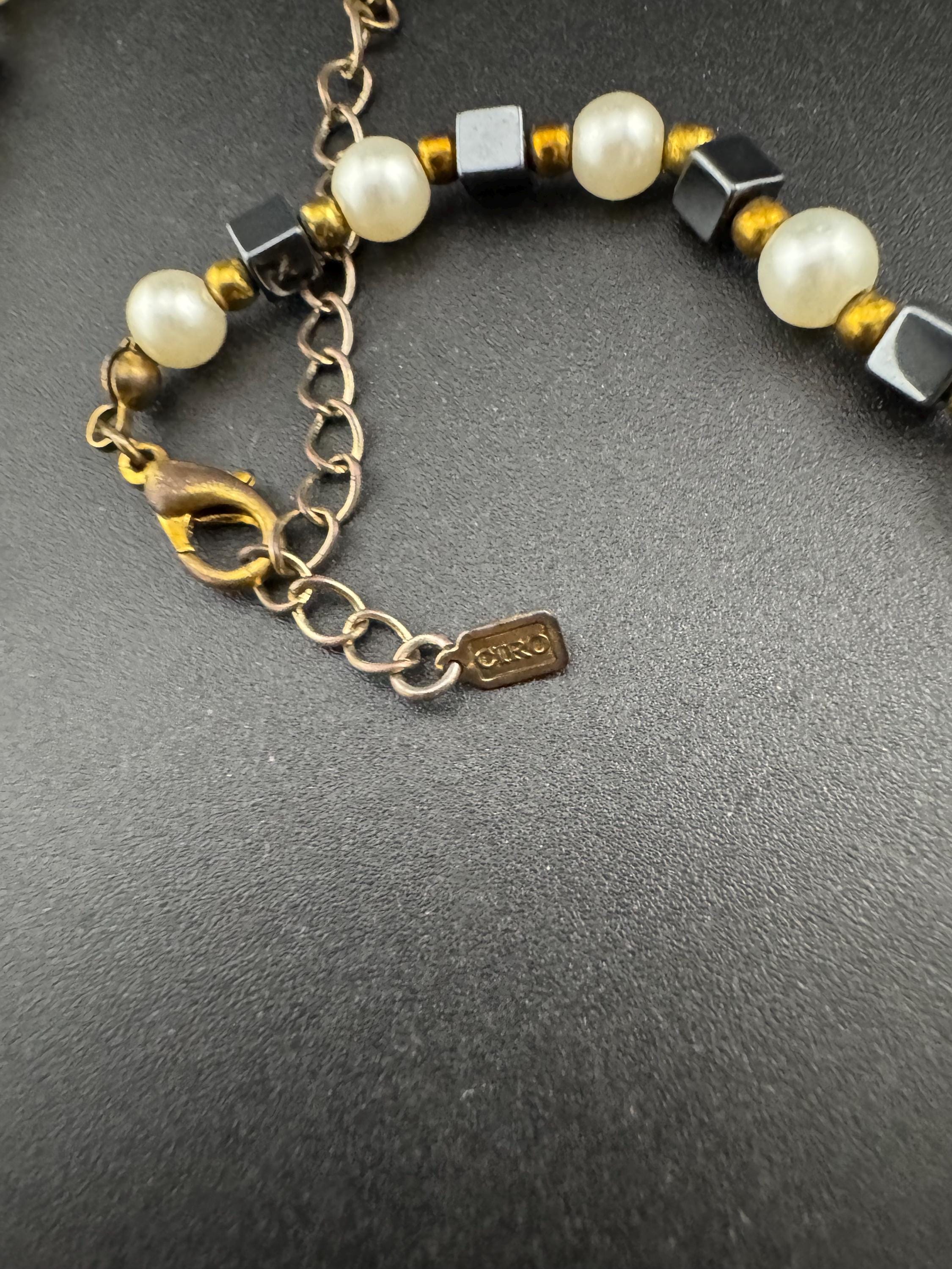 Signed CIRO cream faux pearl and hematite box beaded collar Necklace