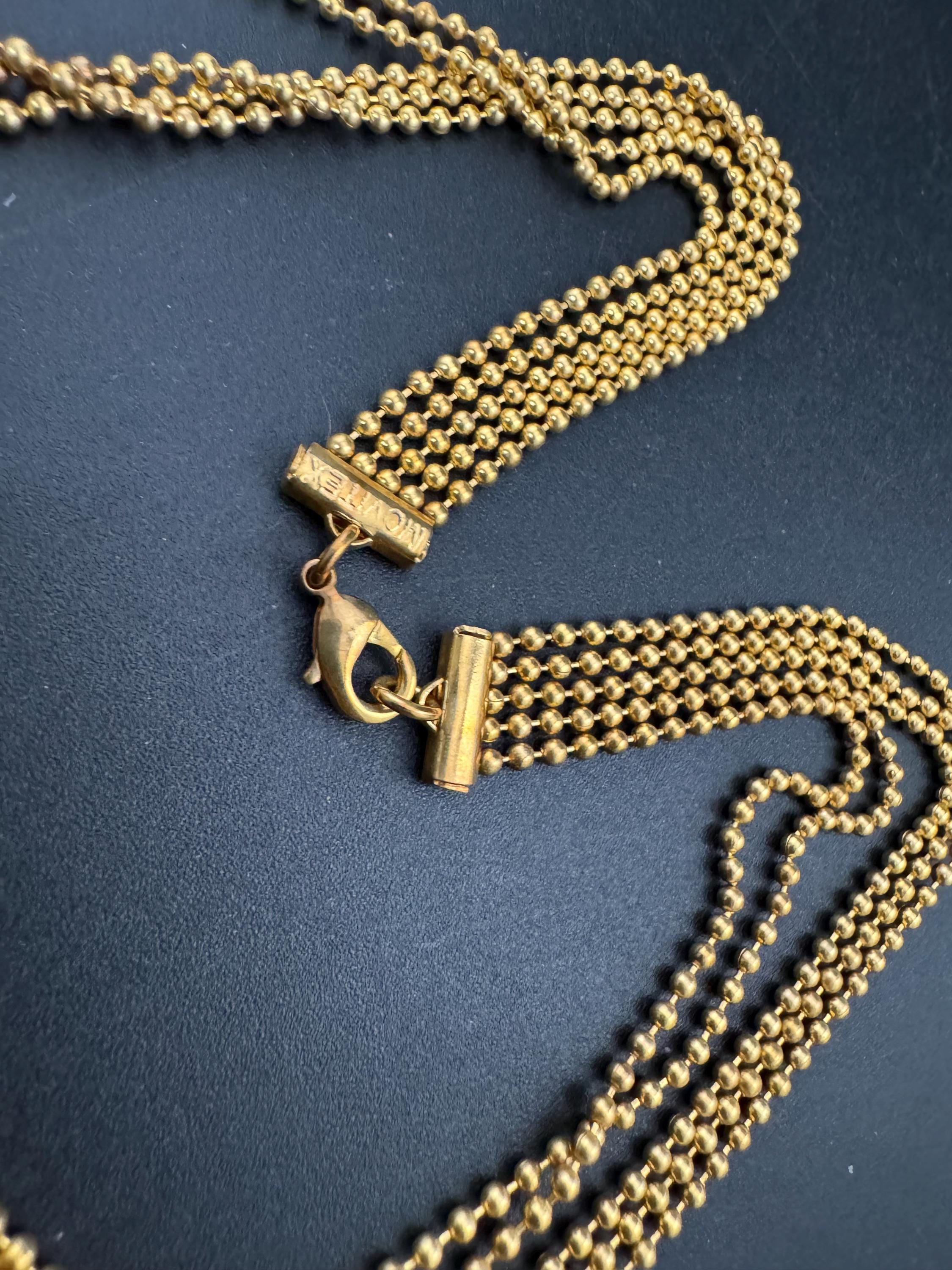 Signed MOVITEX Vintage 4 row brass ball bead chain gold tone multi strand metal chain link choker necklace