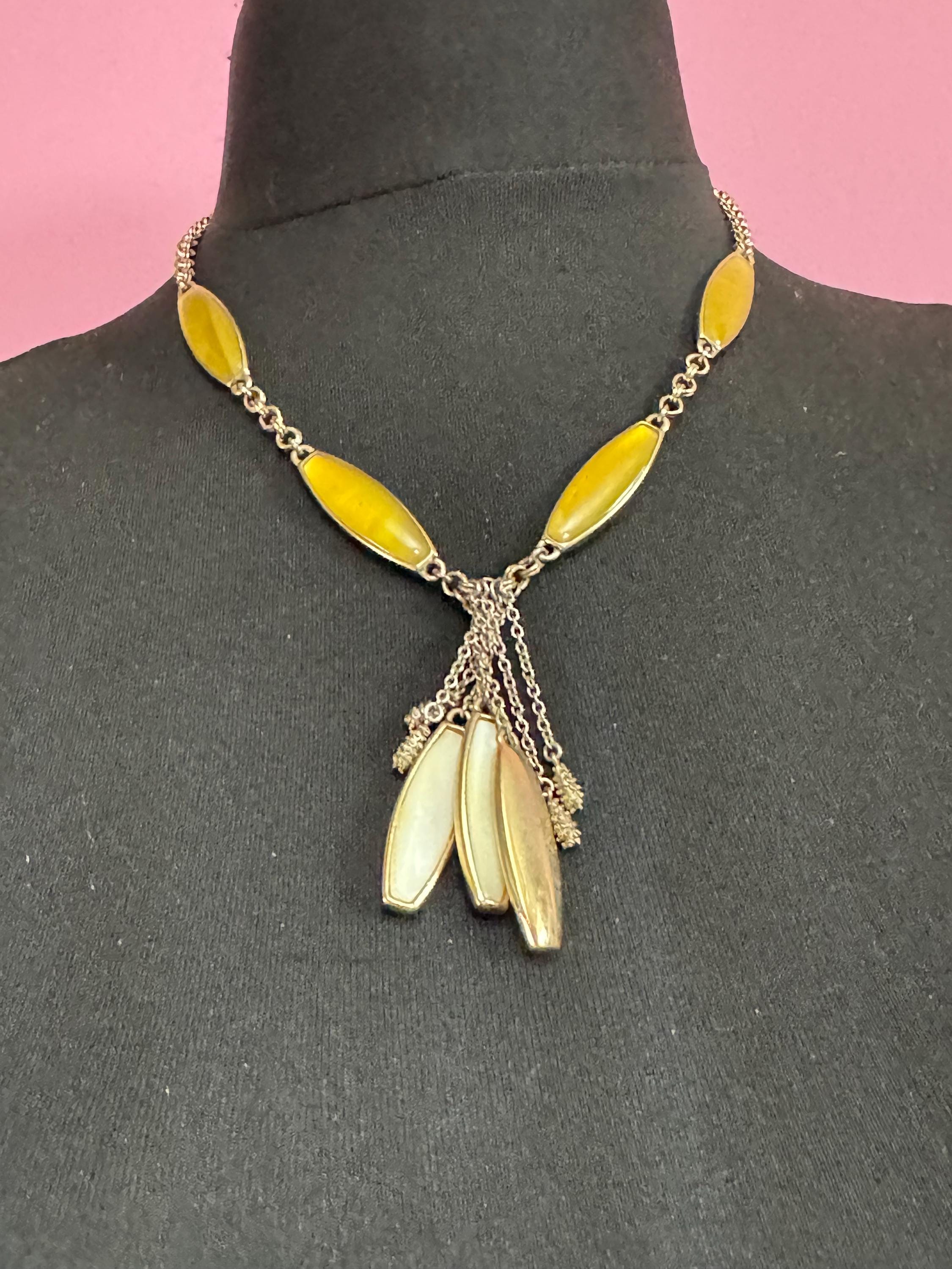 Signed MONET designer yellow and cream Enamel tassel pendant gold plated drop necklace 50cm