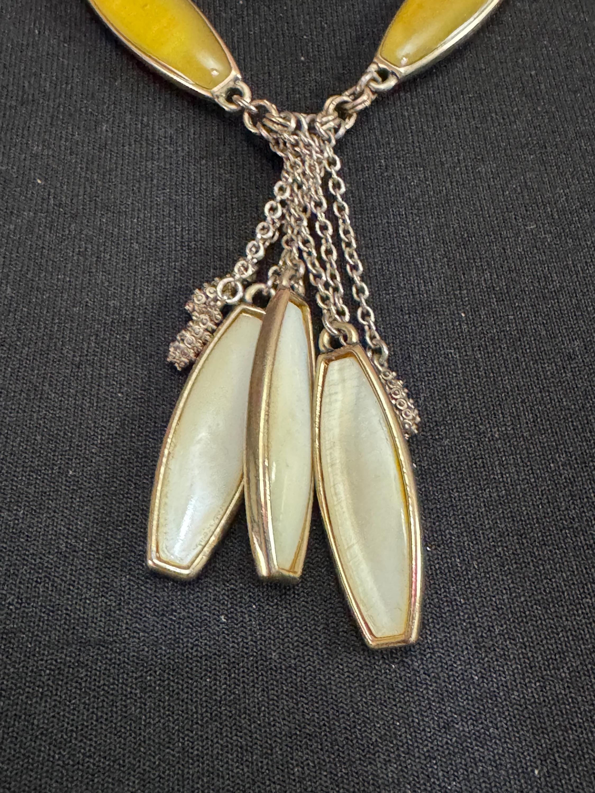 Signed MONET designer yellow and cream Enamel tassel pendant gold plated drop necklace 50cm