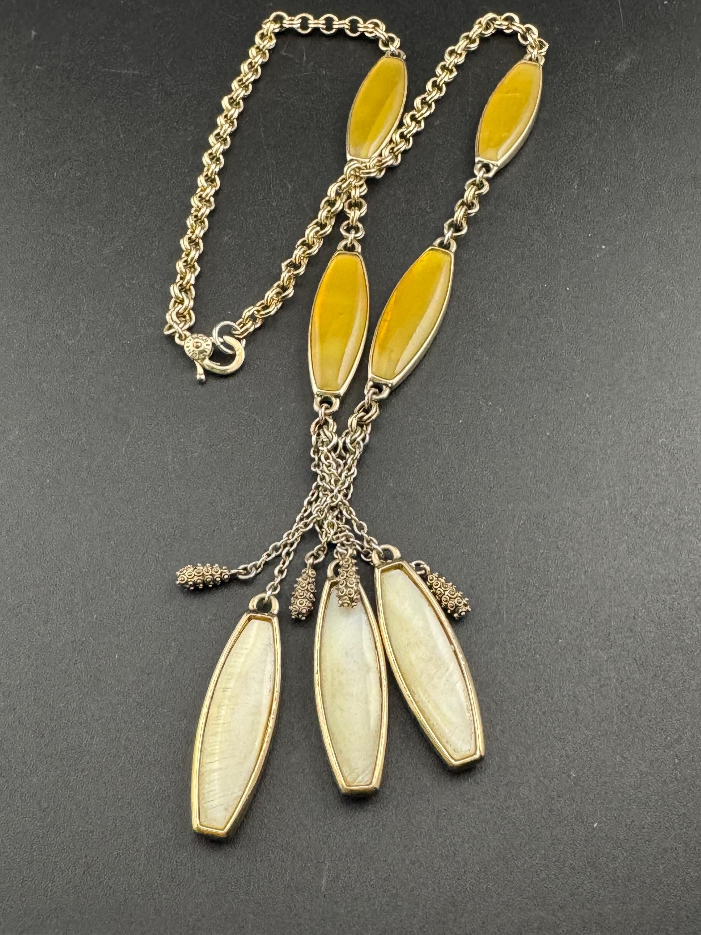 Signed MONET designer yellow and cream Enamel tassel pendant gold plated drop necklace 50cm