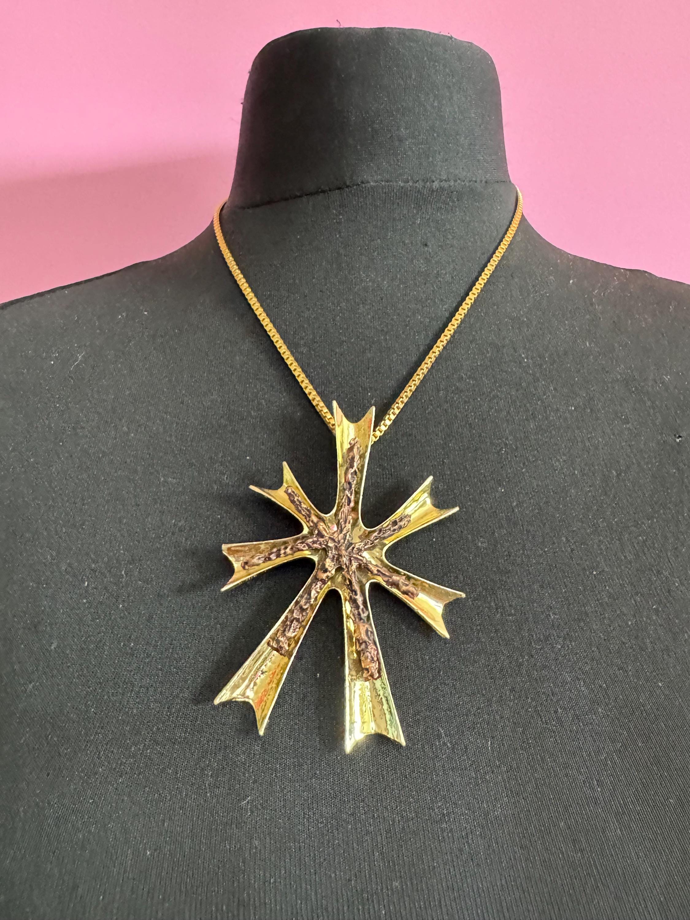 Signed Hollywood yellow gold tone bronzed oversized cross brutalist pendant necklace Mid Century on a short box chain