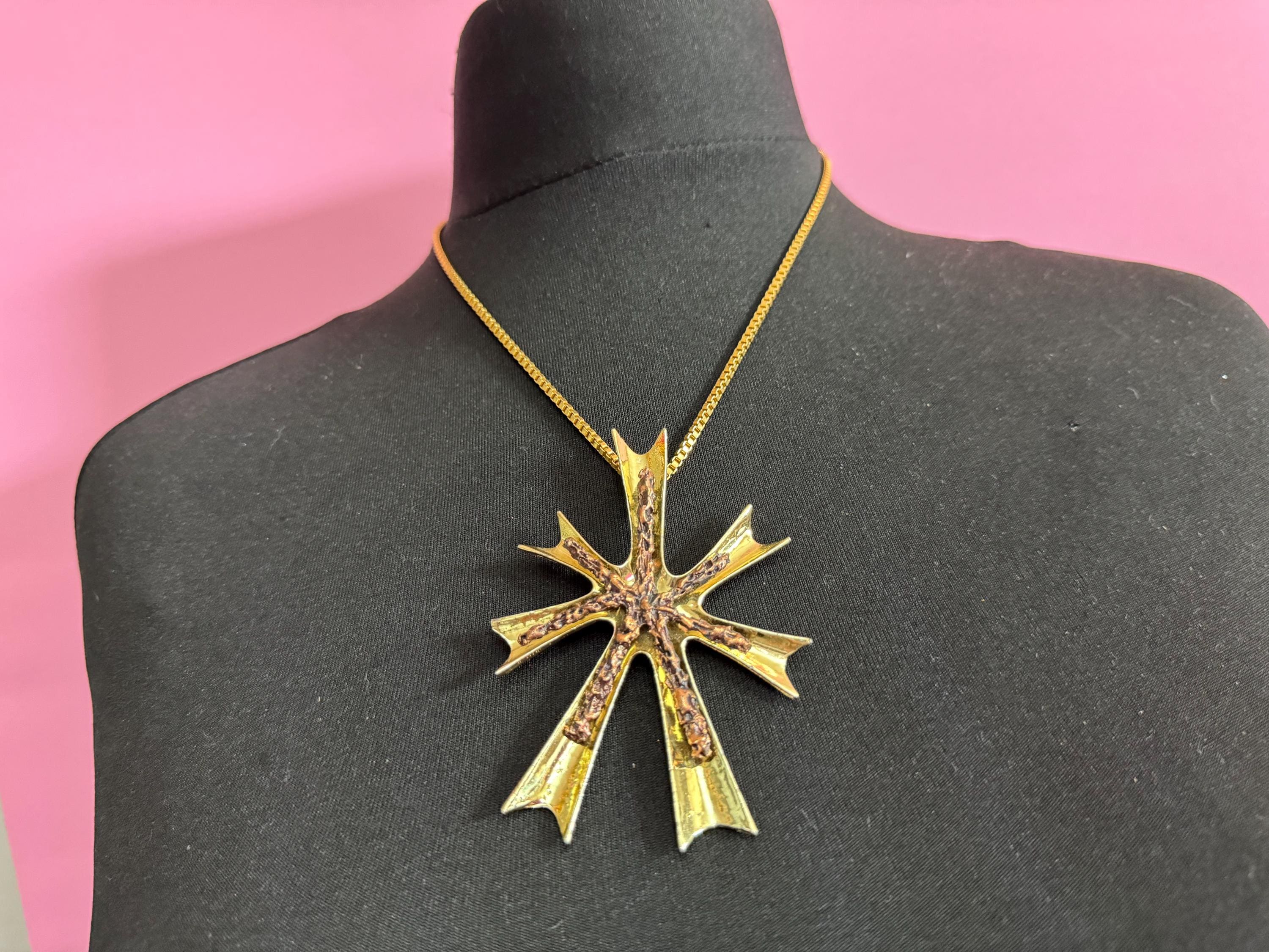 Mid Century Brutalist Cross Pendant Necklace: Signed Hollywood, Bronzed Gold Tone