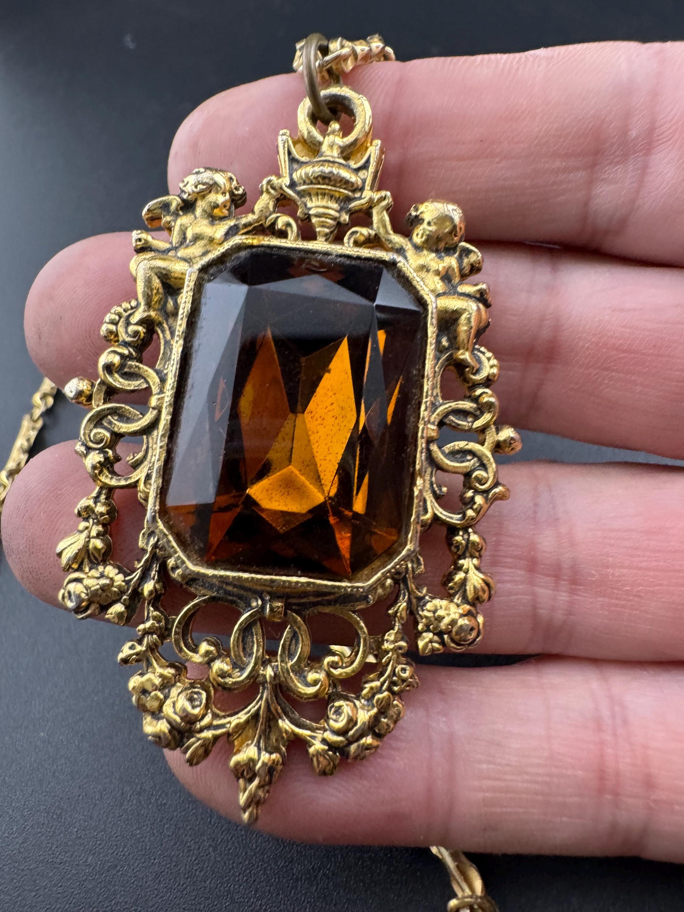 Vintage Barcs Necklace: Gold Plated Cognac Glass Cherub Pendant, 1970s Australian Design