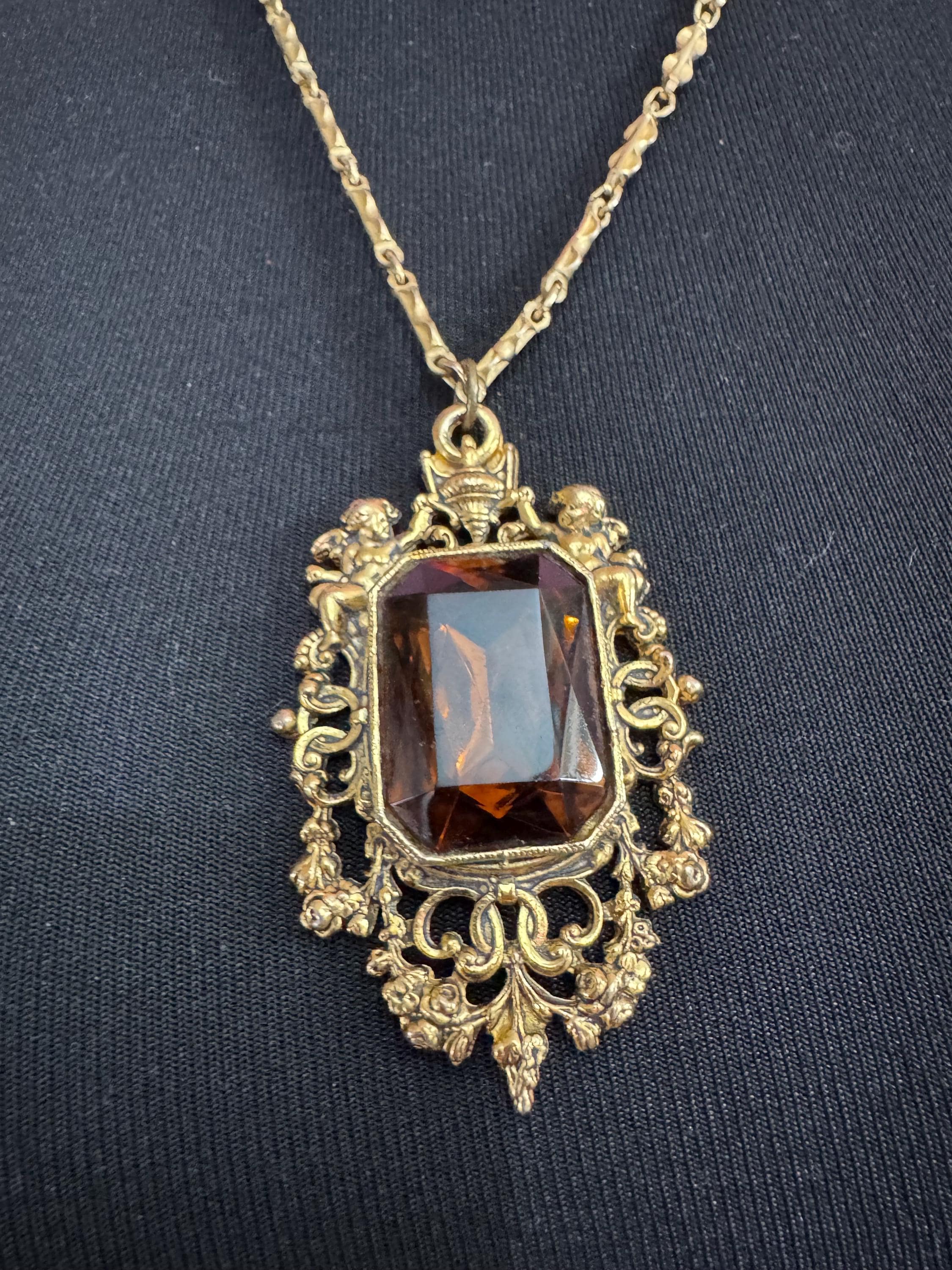 Vintage Barcs Necklace: Gold Plated Cognac Glass Cherub Pendant, 1970s Australian Design