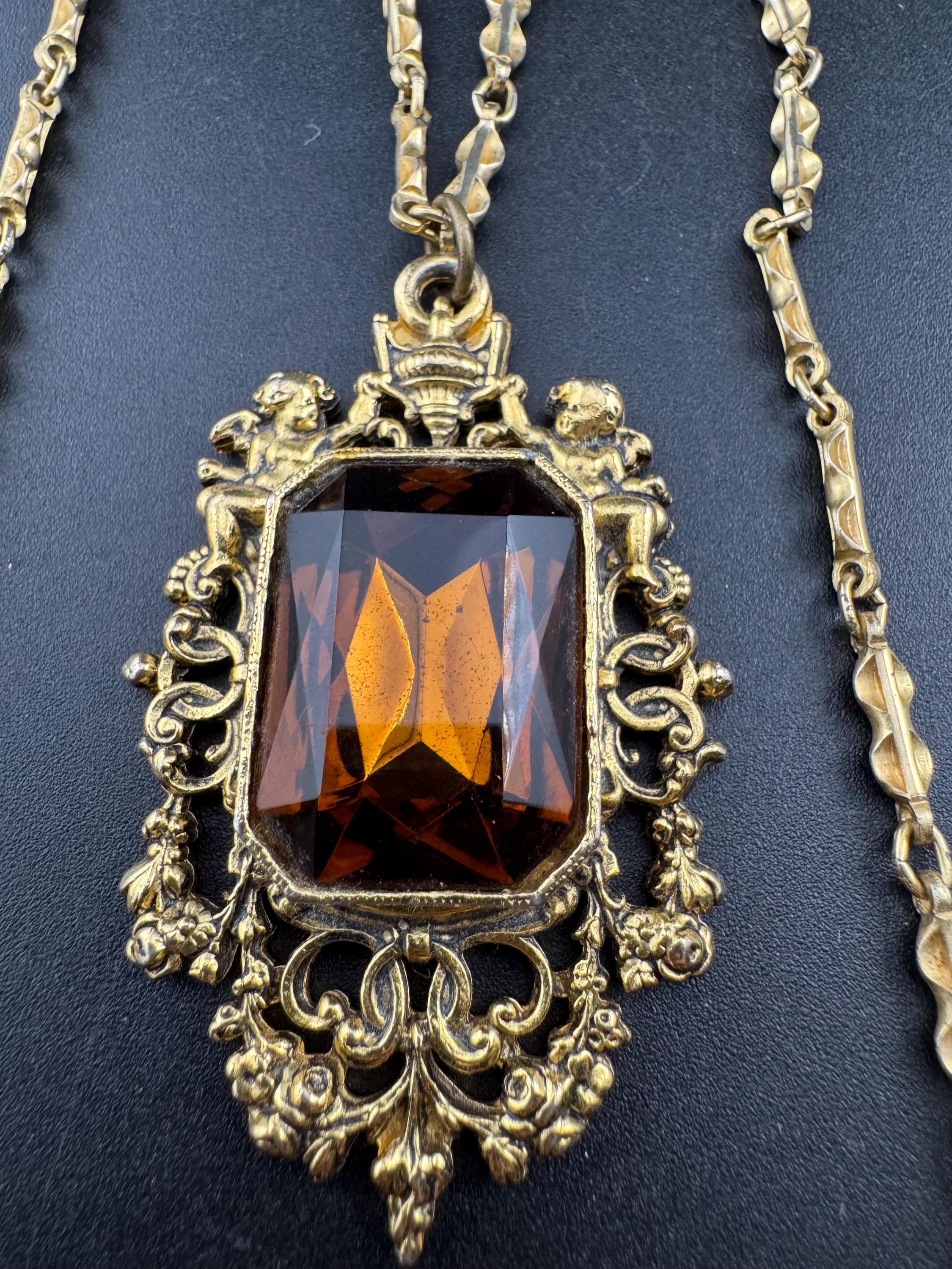 Vintage Barcs Necklace: Gold Plated Cognac Glass Cherub Pendant, 1970s Australian Design
