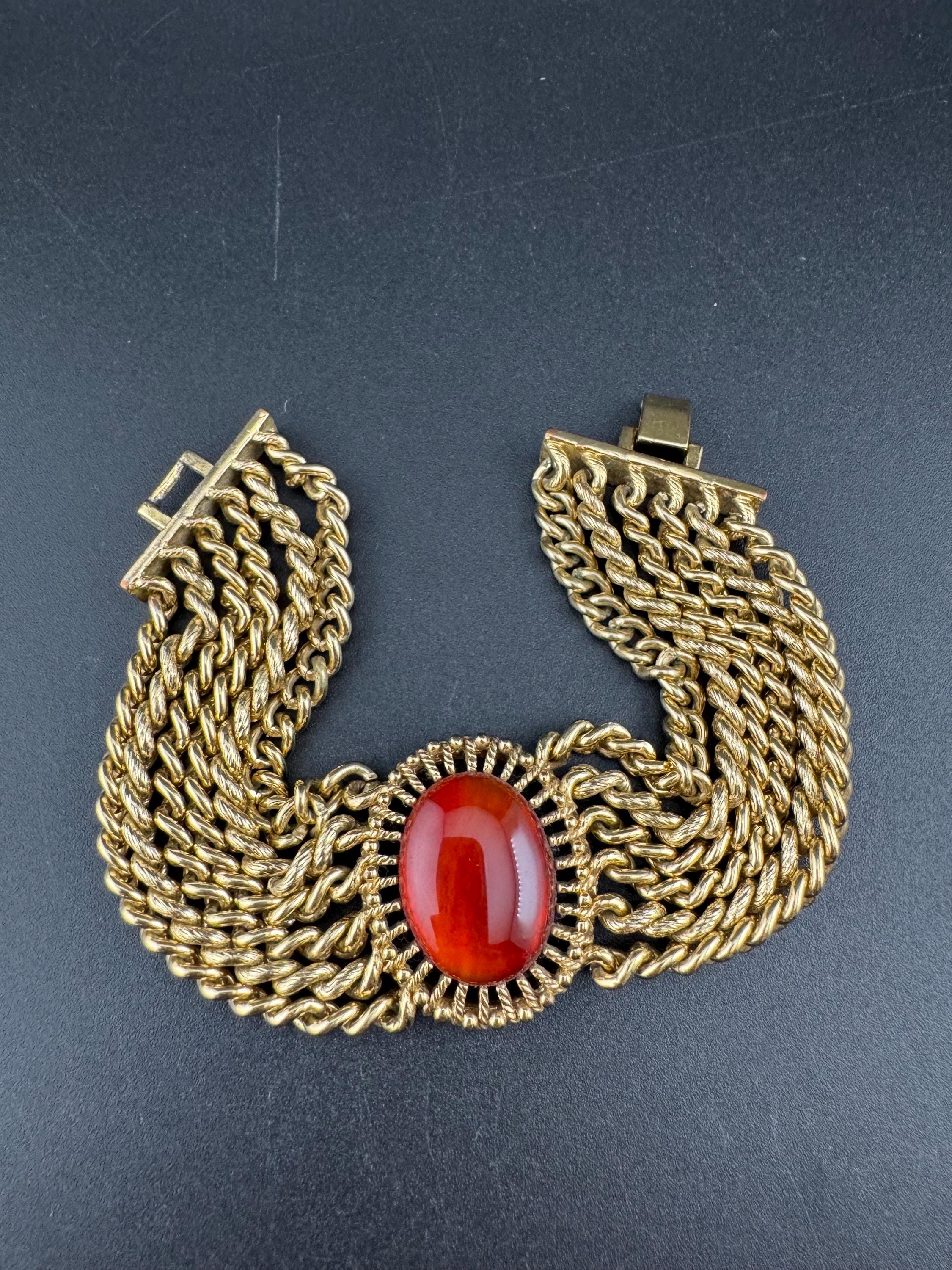 Vintage designer MONET signed gold tone red brown oval cabochon antique gold tone multistrand chunky chain bracelet