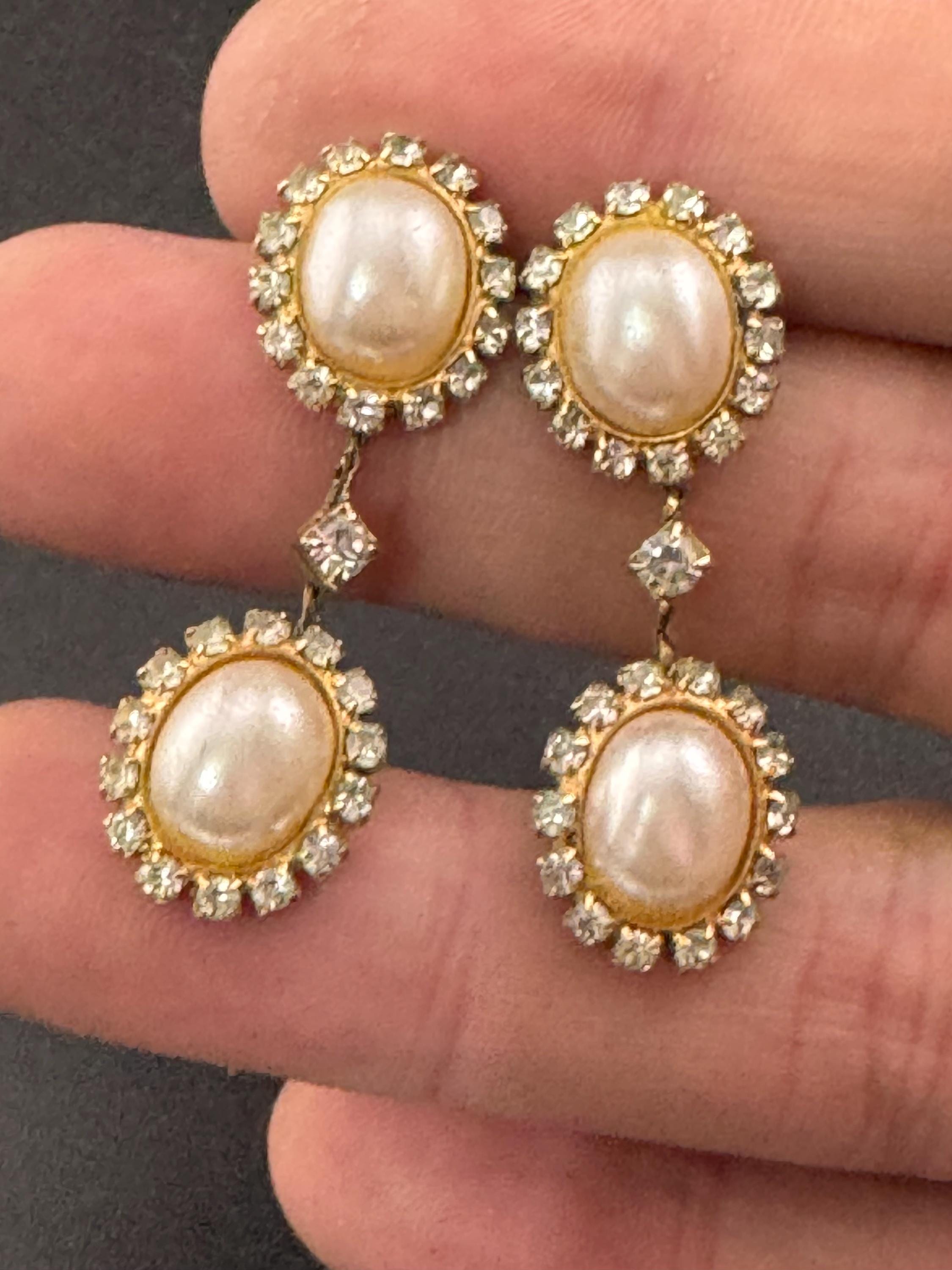 Vintage gold tone diamanté Crystal surround double white pearl oval cabochon 80s dangly drop earrings for pierced ears