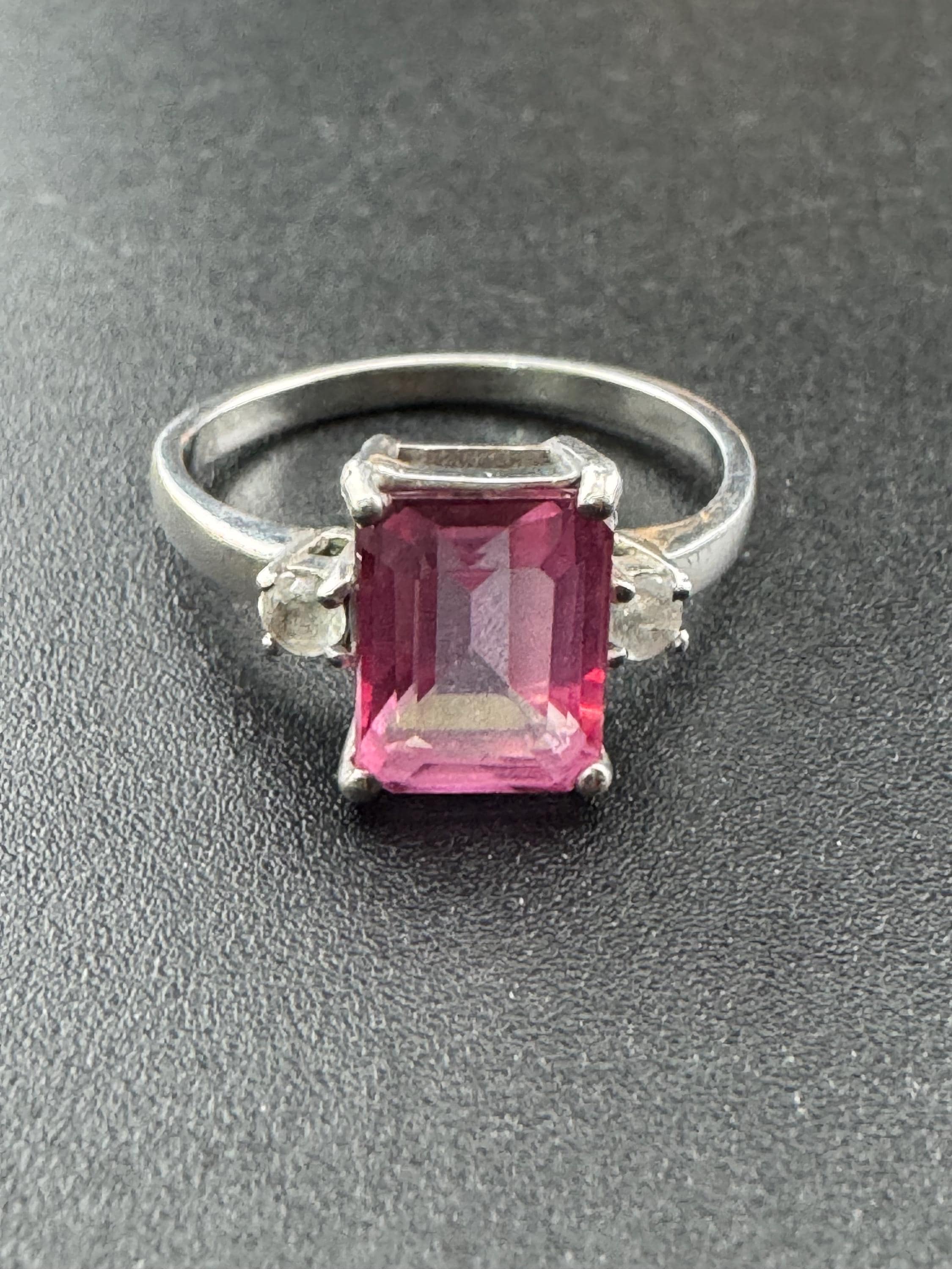 Retro Pink Gemstone Sterling Silver Dress Ring - UK Size N.5